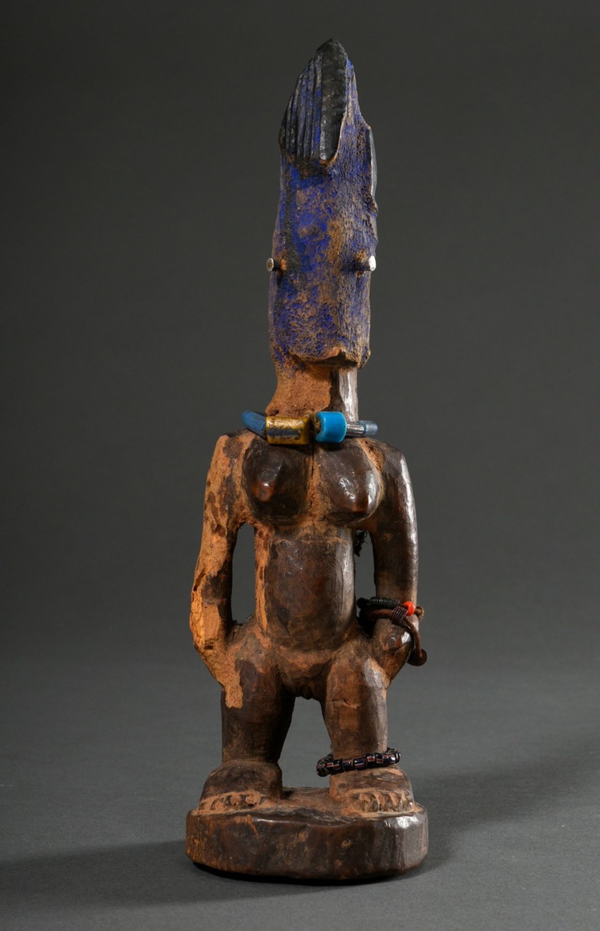 Female Yoruba Ibeji figure with beaded jewellery and blue painting and nailed eyes, Nigeria, h. 26c - Image 3 of 7