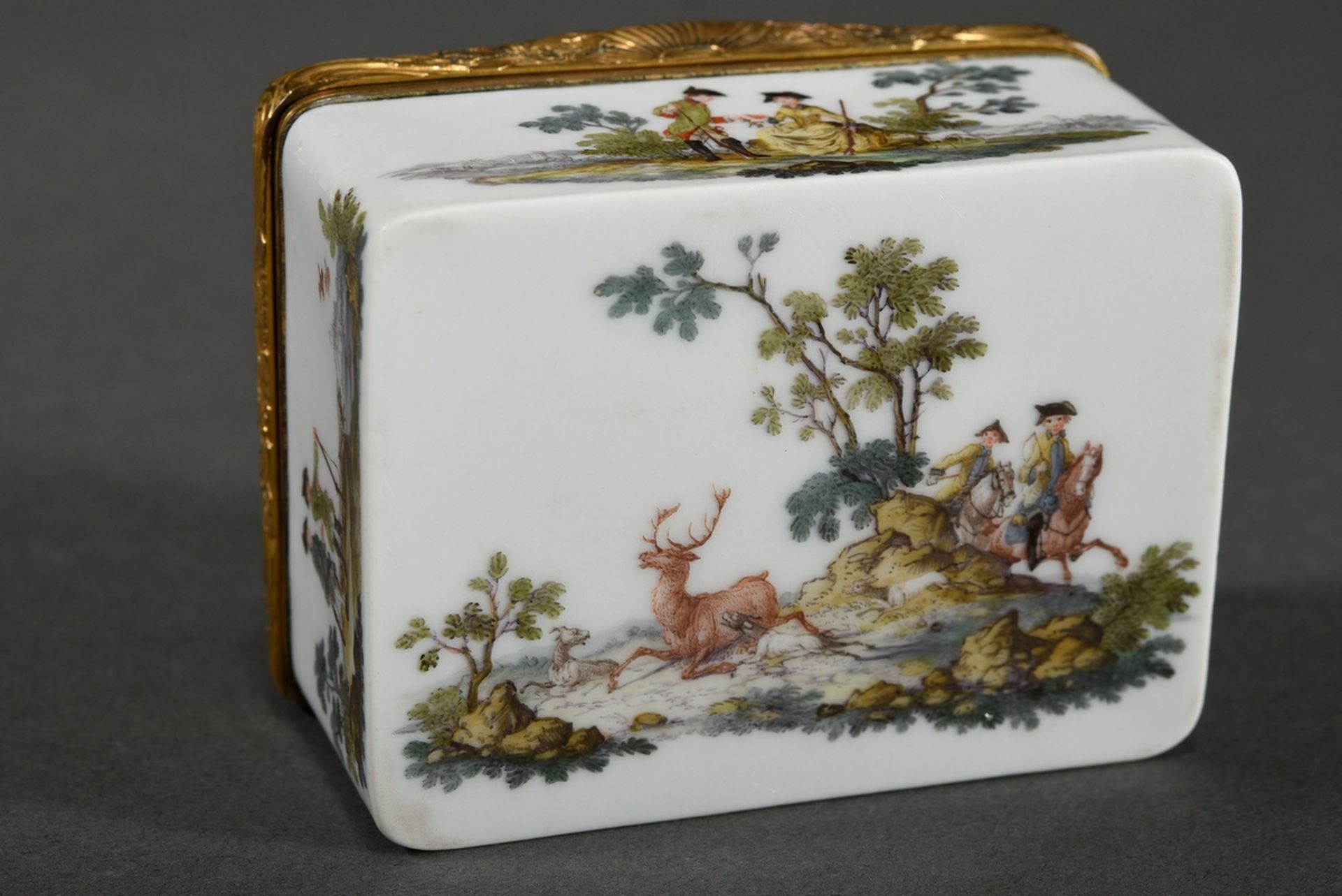 Rectangular Meissen tabatiere with flawless polychrome painting "Hunting Scenes" on the body as wel - Image 5 of 9