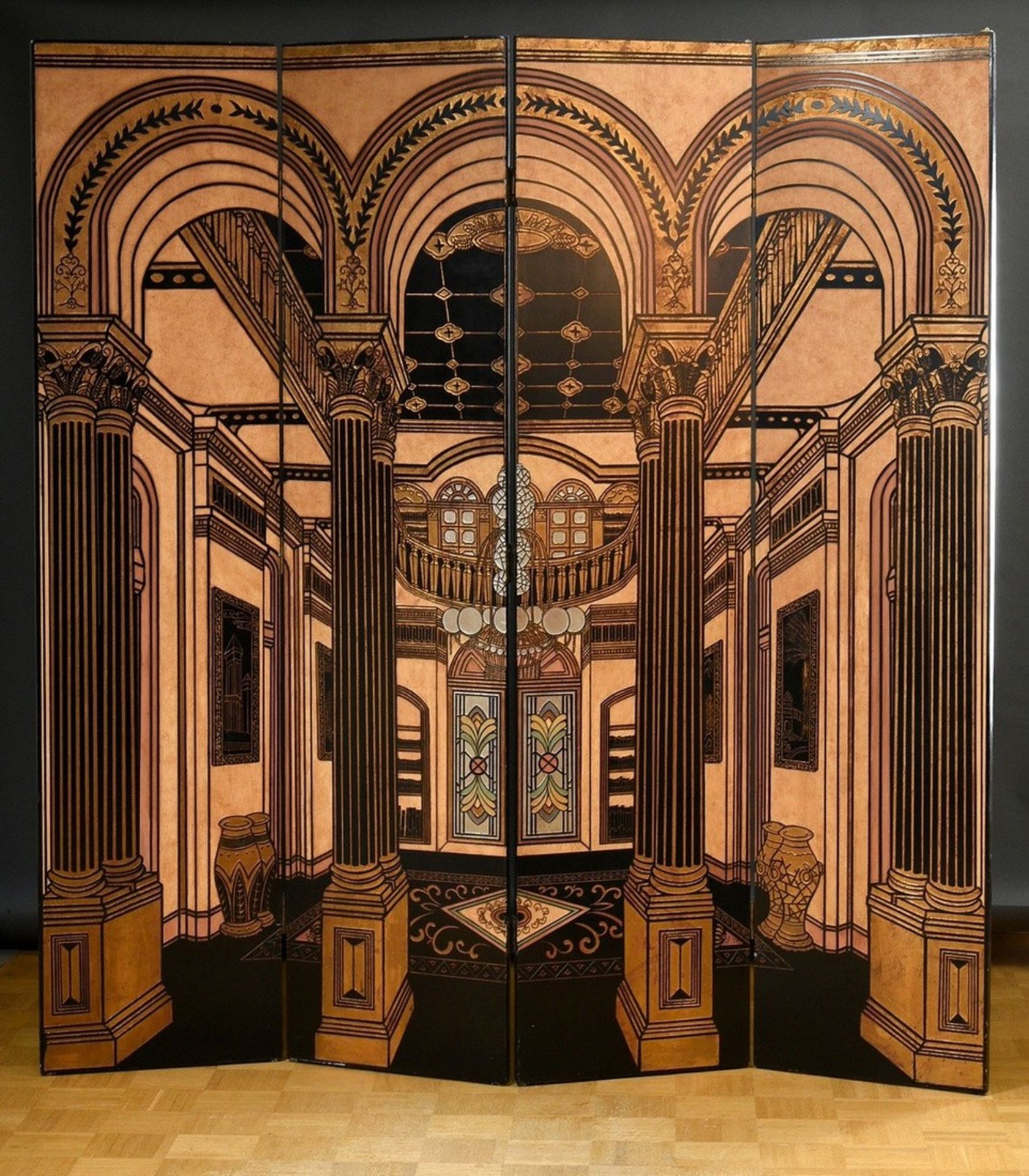 Four-part lacquer screen in Art Deco style with "interior depiction", wood relief set and gilded, 2