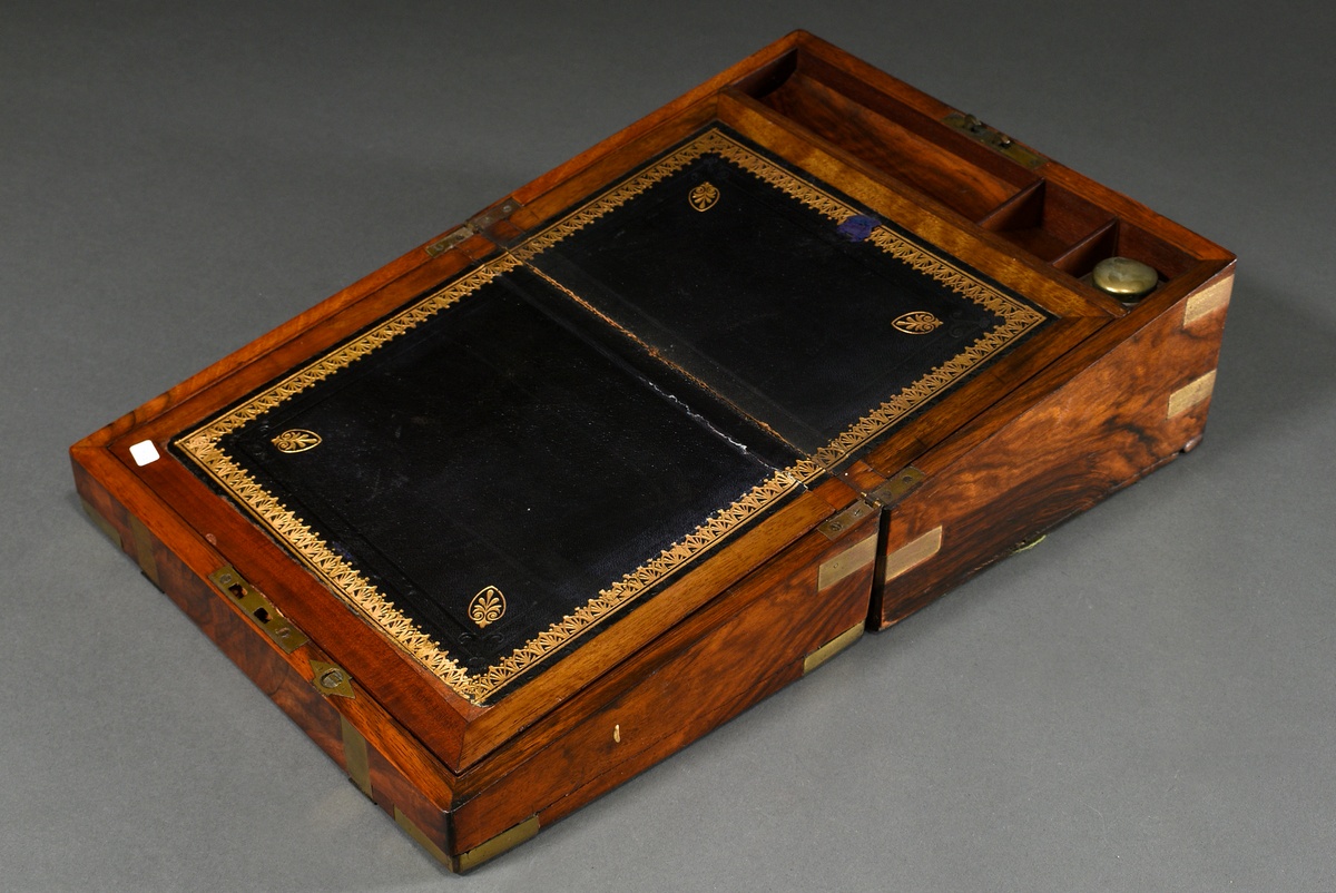 Hinged travelling secretary's box with brass bands, interior with black leather writing plate and i