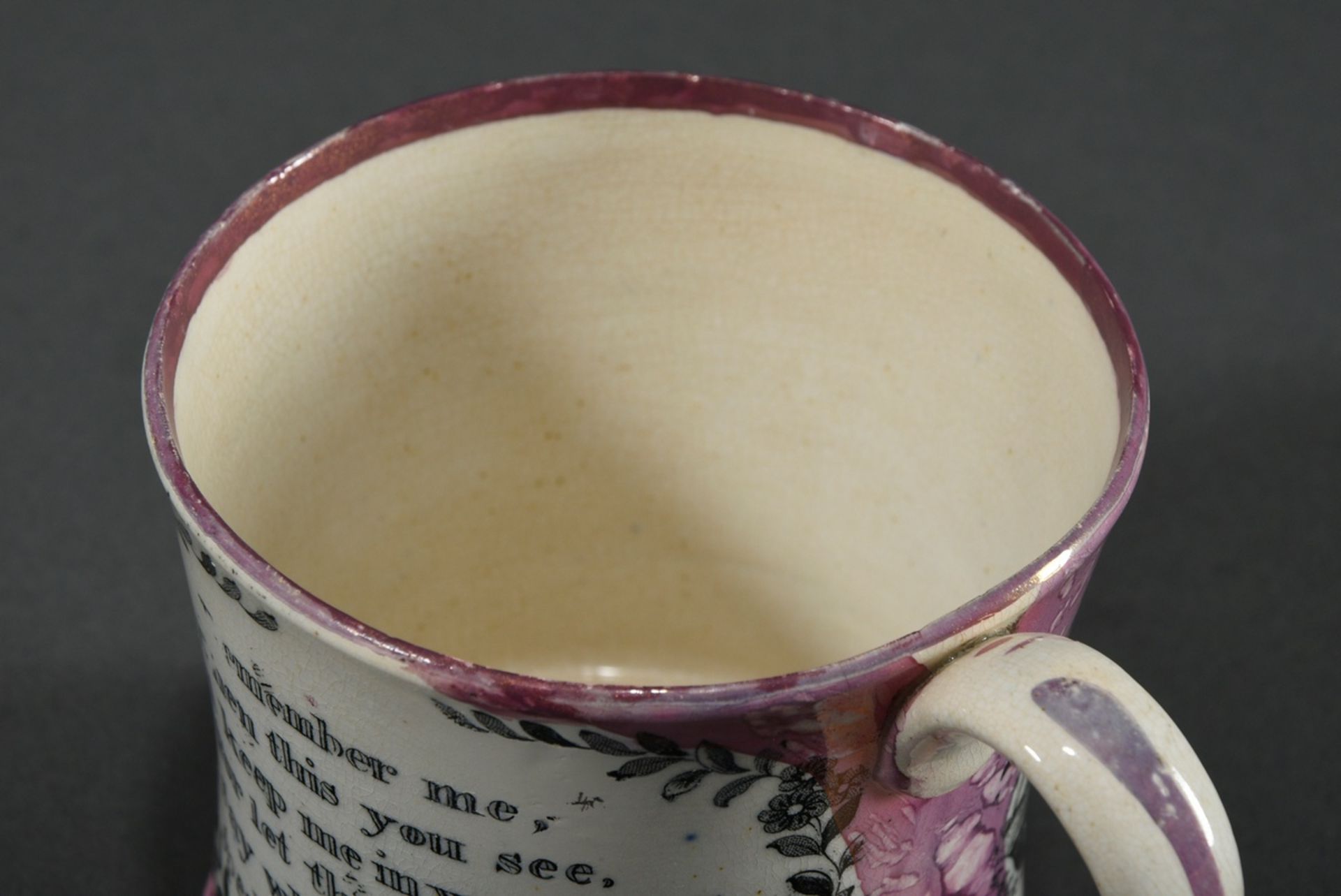 Faience drinking cup with luster and print decoration "Freemason symbols and English text", violet  - Image 5 of 6