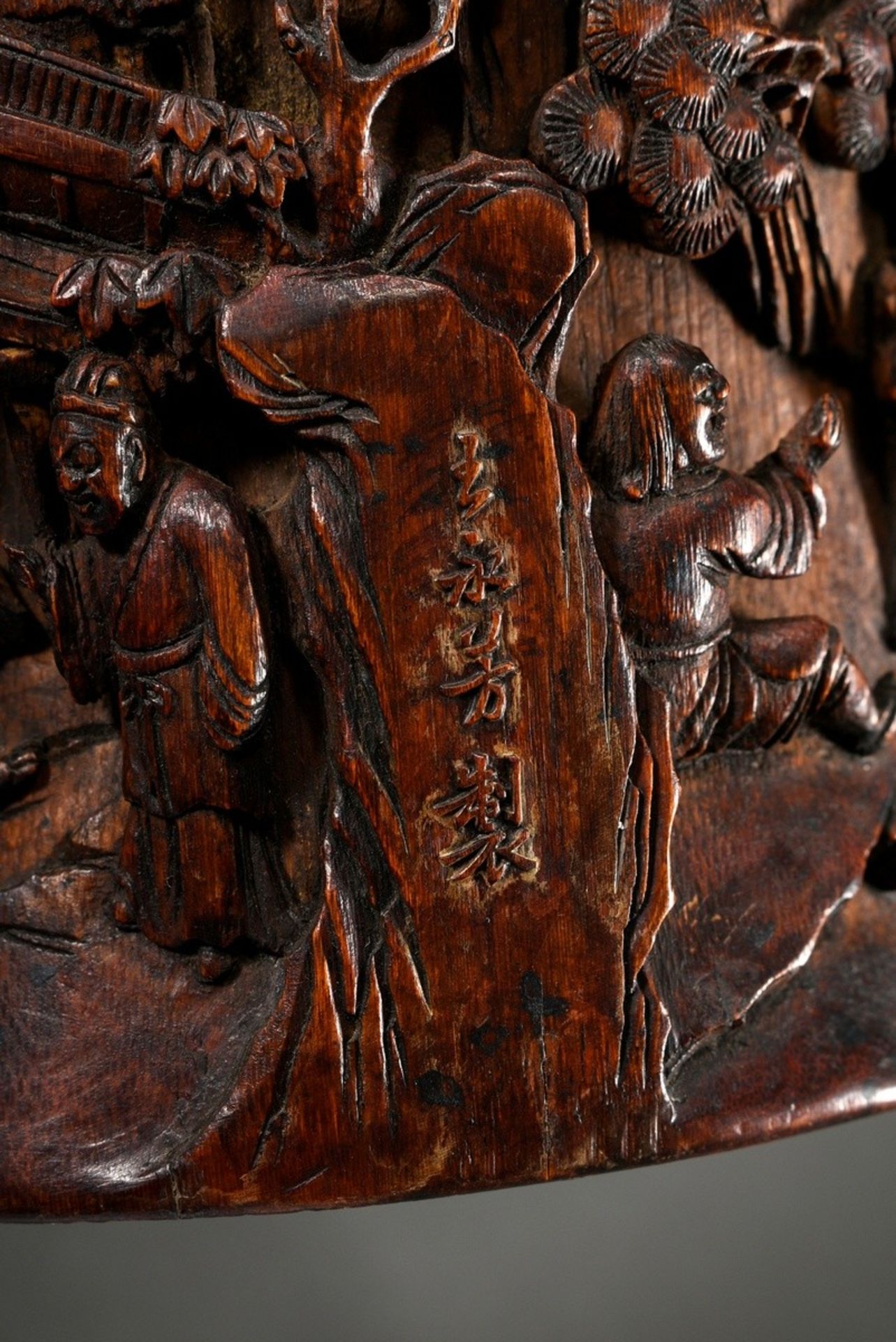 Chinese bamboo brush cup with detailed carved novel scene in low relief "Persons and Qilin in mount - Image 5 of 5
