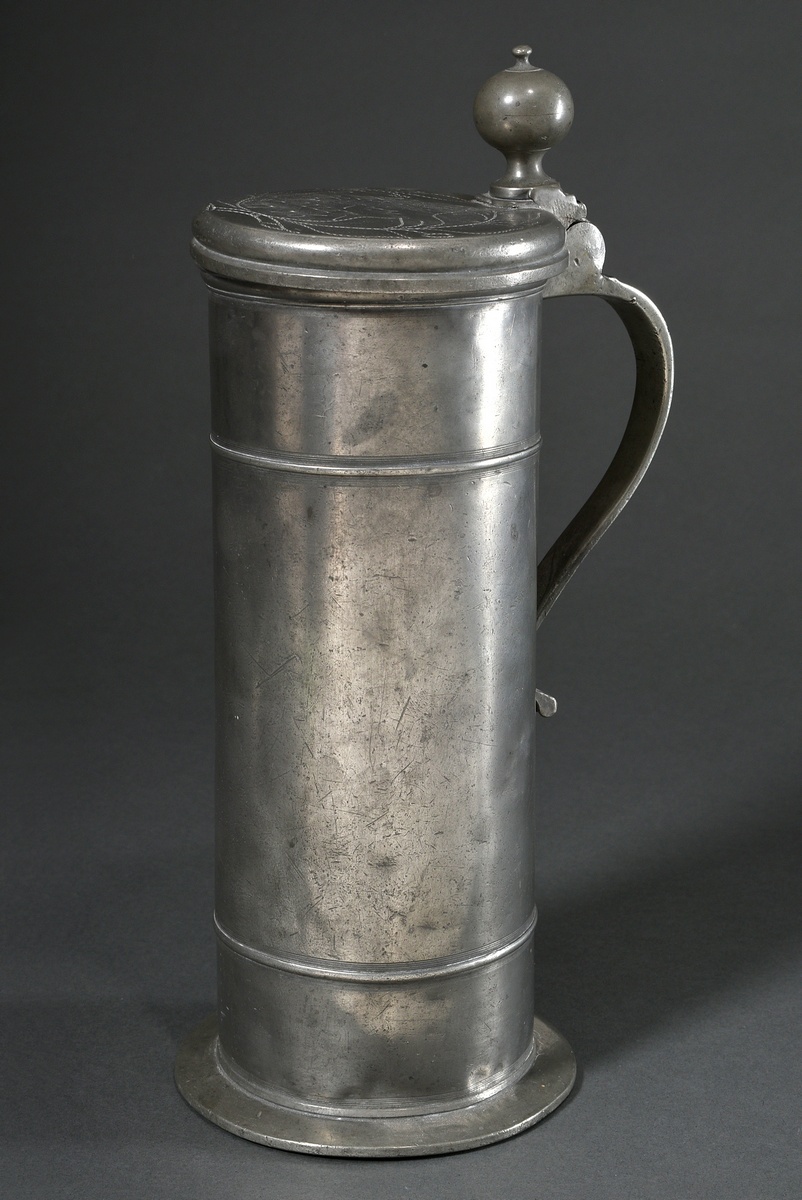 Tall pewter lidded tankard with floral engraved decoration and owner's inscription "Asmus Hinrich M