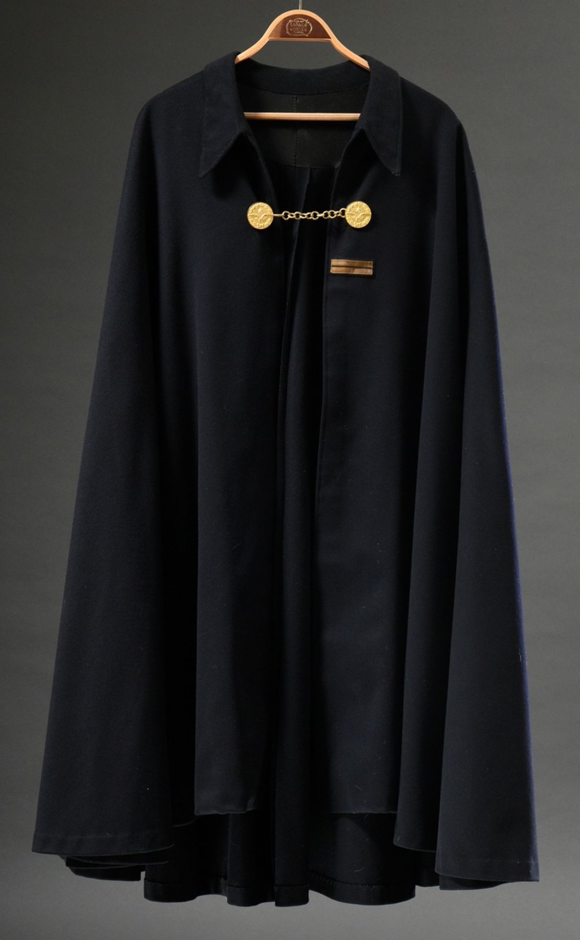 French aviator cape with brass clasp and chain, dark blue wool