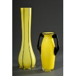 2 Diverse "Tangoglas" Vasen in Loetz Art, farbloses Glas mit gelben Innenfang und schwarzem Akzente