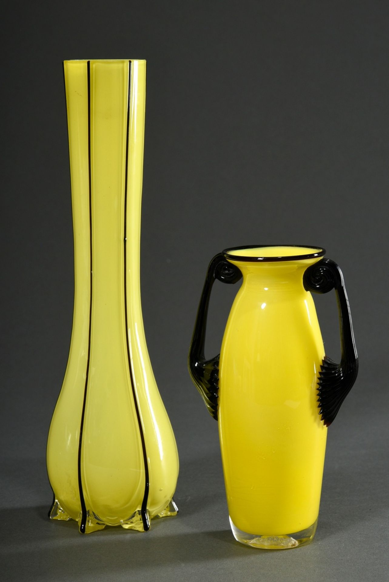 2 Various "tango glass" vases in Loetz style, colourless glass with yellow inner rim and black acce