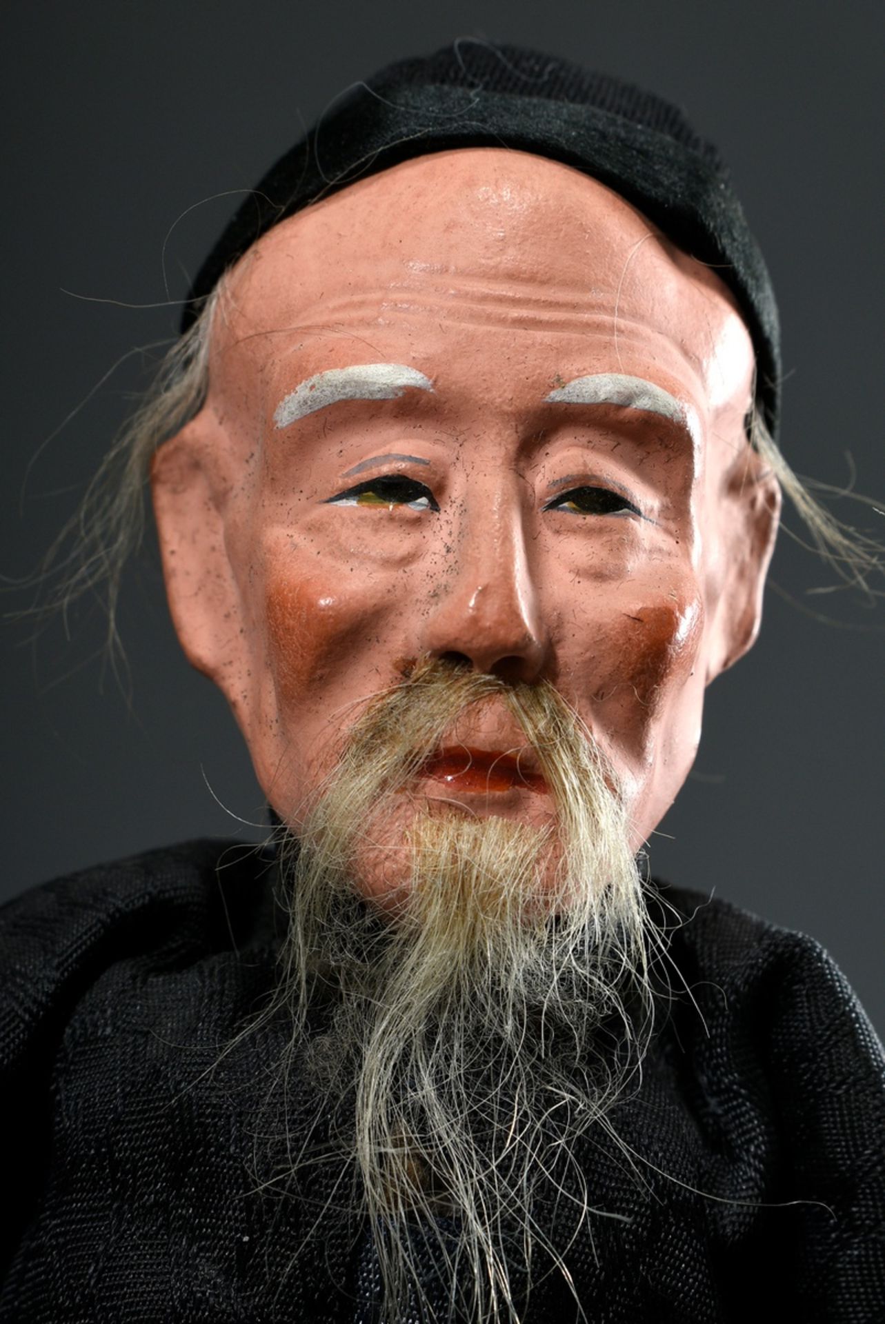 3 Chinese dolls "Mandarin, old man and old woman", cloth body with painted mass heads and partly re - Image 4 of 6