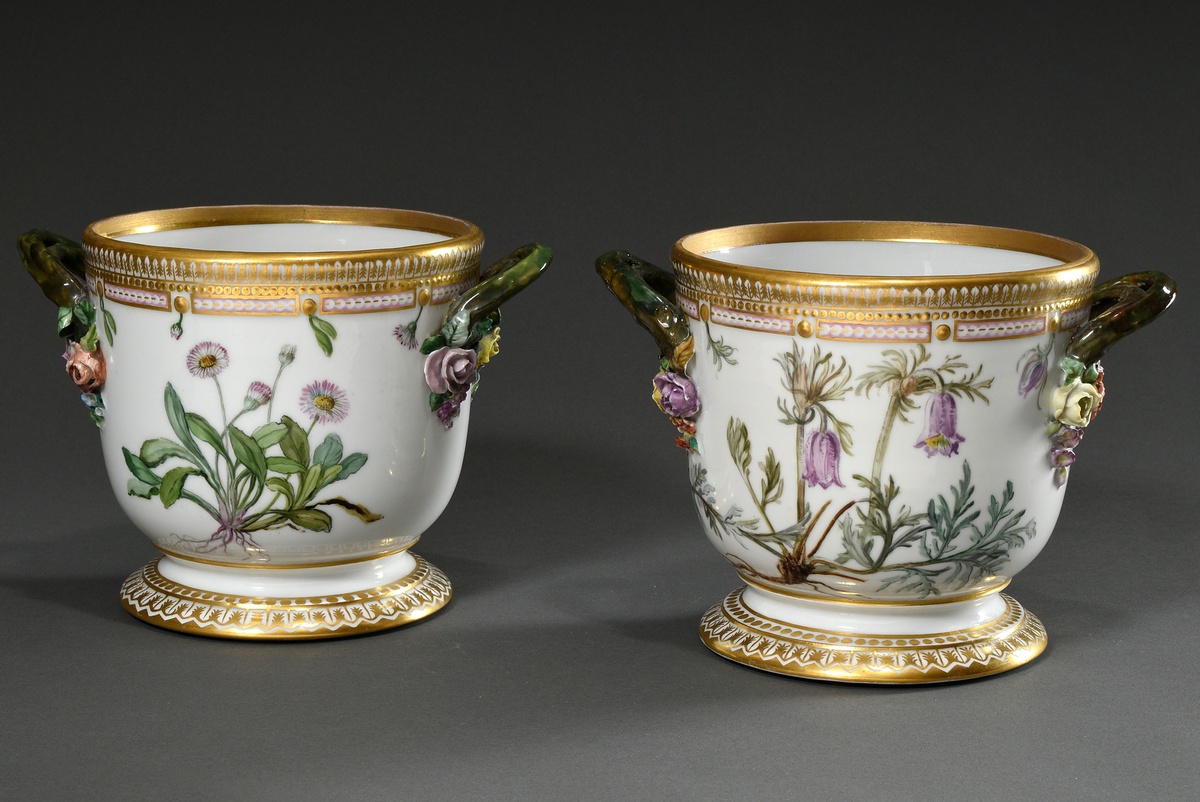 2 Royal Copenhagen "Flora Danica" cachepots with polychrome painting all around, branch handles, pl