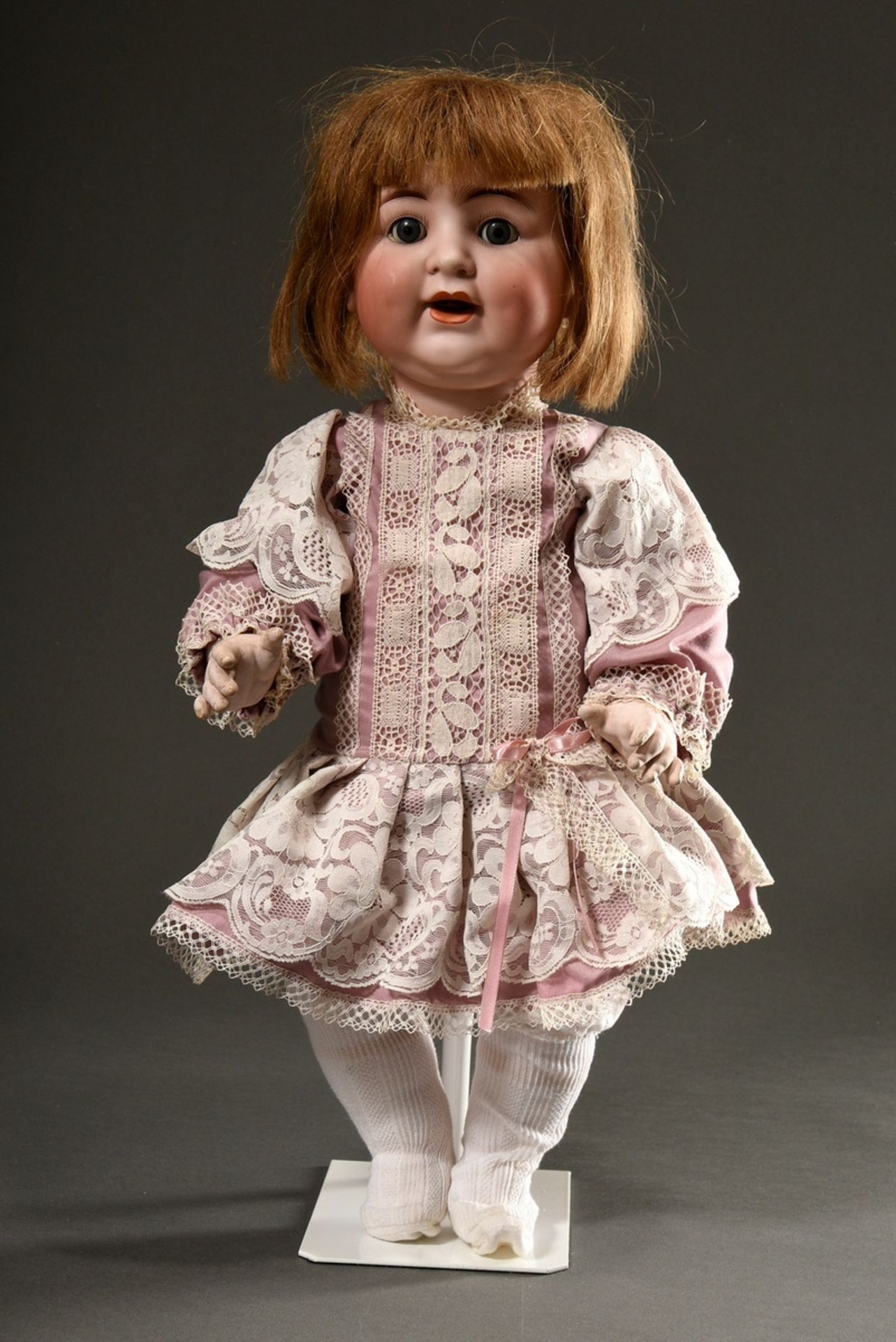 Old, Beck & Gottschalck doll with bisque porcelain crank head, blue sleeping eyes, open mouth with