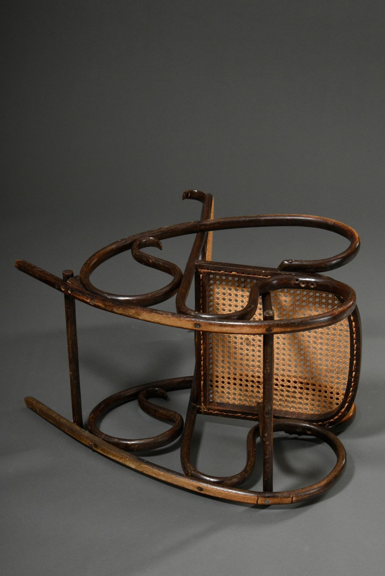 Art nouveau children's rocking chair in Thonet style, dark stained bentwood with wickerwork, h. 71, - Image 4 of 5