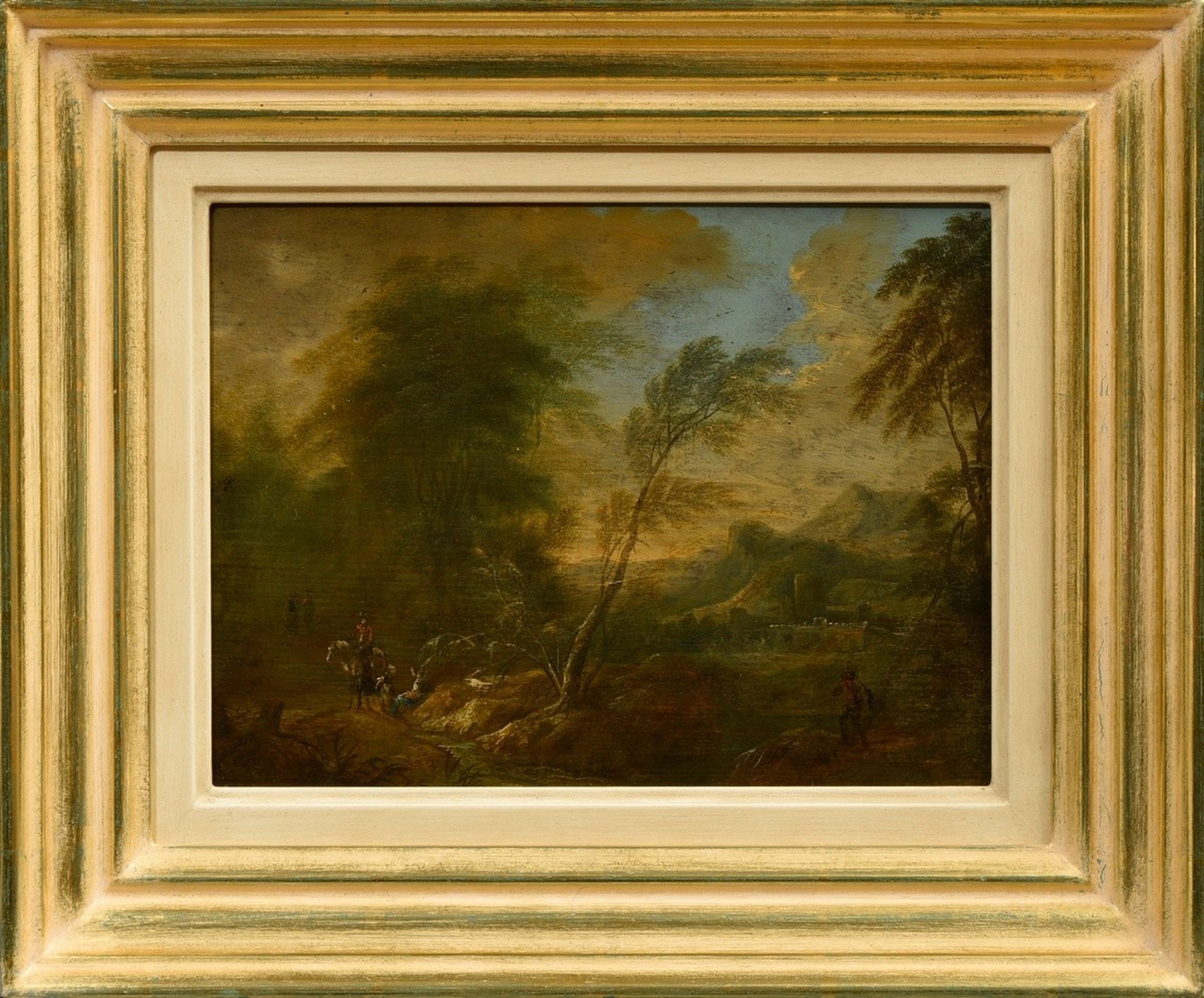 Unbekannter Künstler des 18.Jh. "Landschaft mit Personenstaffage", Öl/Holz, verso Klebeetikett "Kun - Bild 2 aus 2