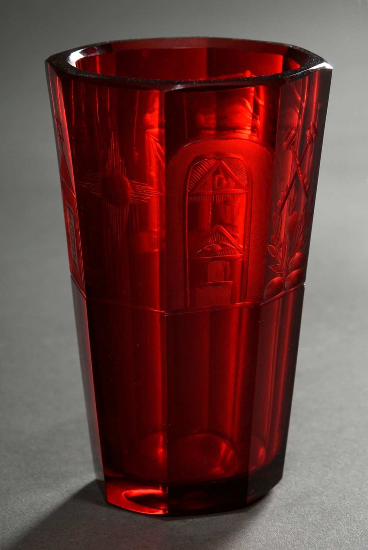 Faceted masonic cup in conical form with deeply cut symbolism, etched ruby red, Bohemia c. 1840/50, - Image 3 of 4
