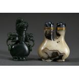 2 Diverse Stein Snuffbottles: flache grüne Jade "Vase mit Löwenhenkeln und -deckel" (H. 7,3cm) und