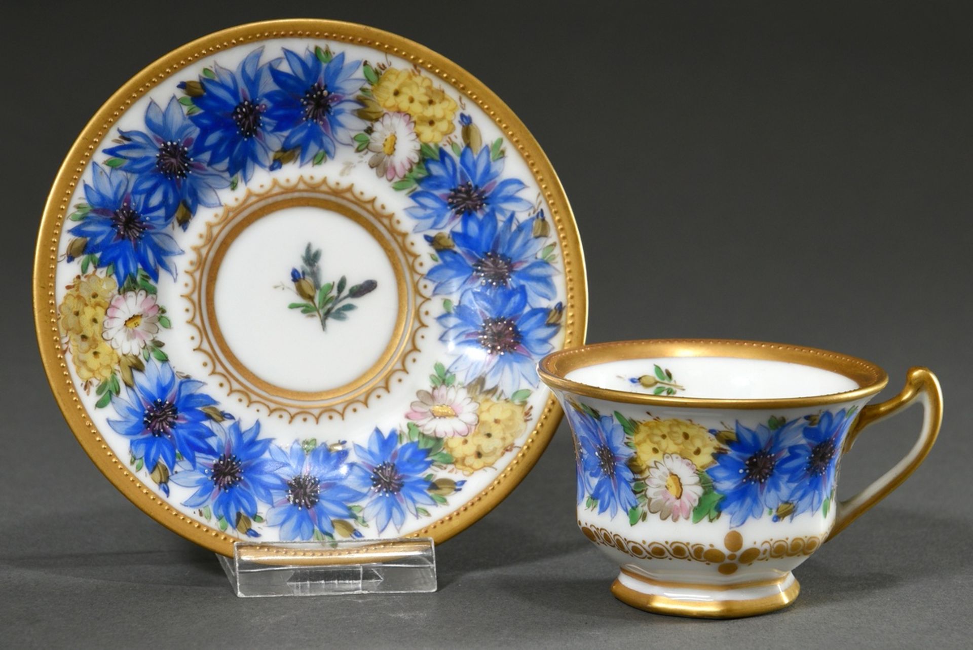 Splendid mocha cup/saucer with polychrome painting "cornflowers" and gold decoration, Ambrosius Lam