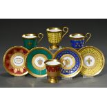 4 Diverse moderne Fabergé Mokkatassen/UT mit ornamentalem Golddekor auf rotem, blauem, gelbem und g