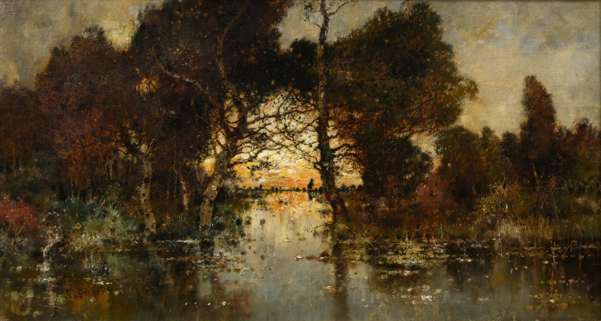 Heffner, Karl (1849-1925) "Herbstliche Flusslandschaft im Abendlicht", Öl/Leinwand, u.l. sign., ver