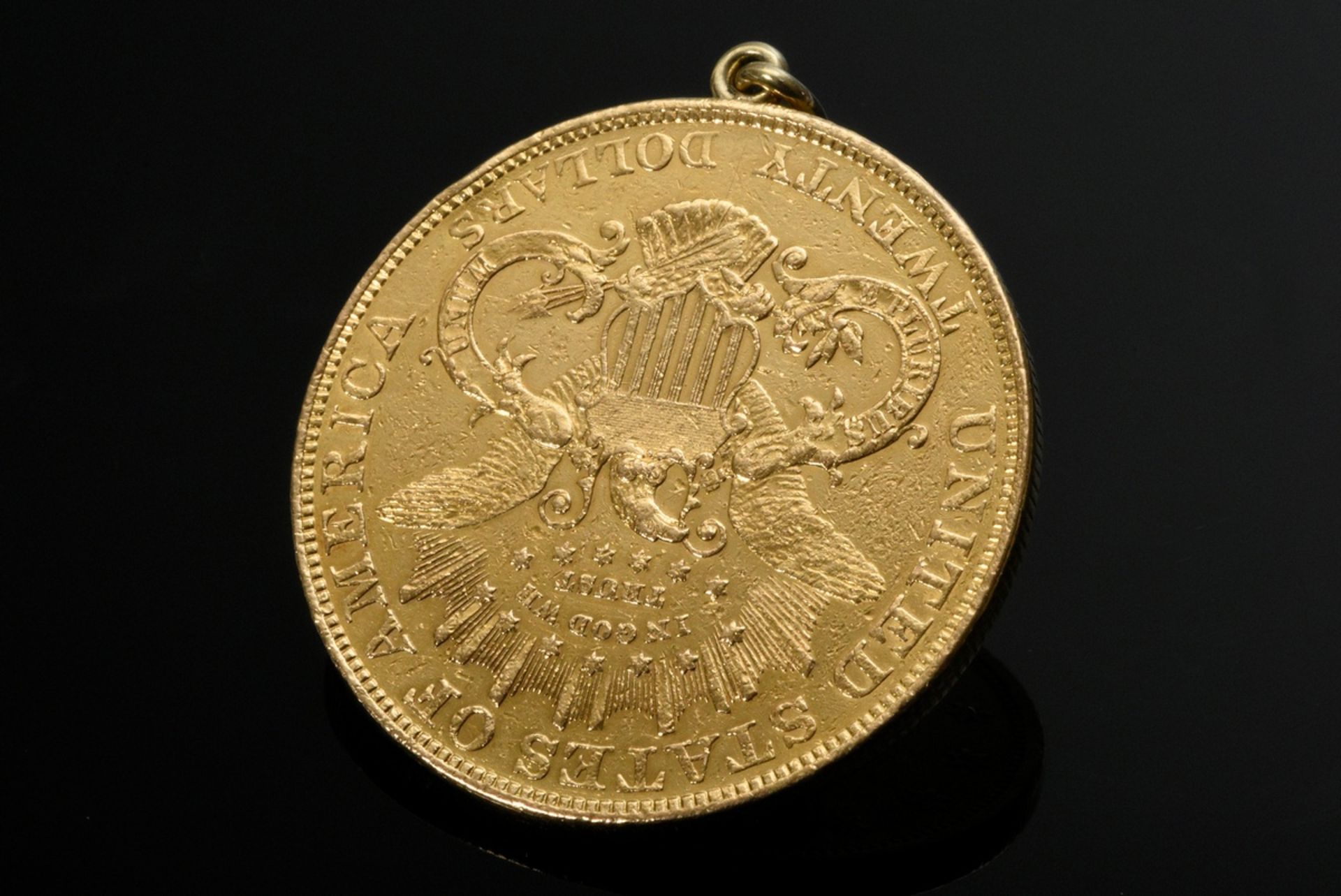 Yellow gold 900 coin pendant "20 Dollar Liberty" with small yellow gold 585 eyelet, 33,7g, Ø 3,4cm - Image 2 of 2