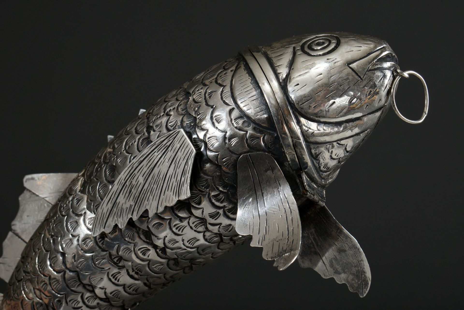 Jewish Besamim spice box: fish with movable scales and fins, head with hinged opening and pull ring - Image 4 of 6