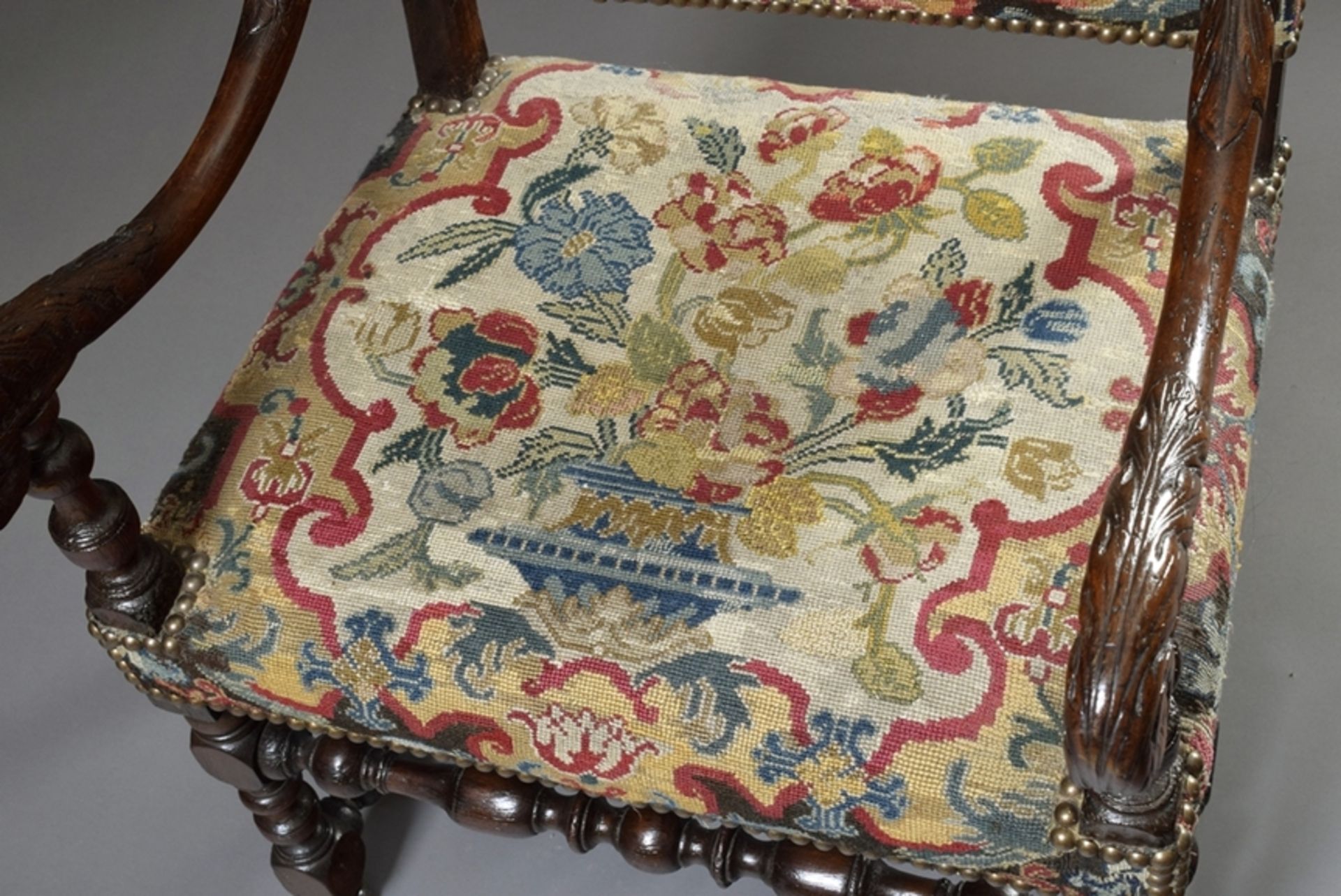 Baroque armchair with floral carved and turned frame, straight backrest and fine embroidered uphols - Image 3 of 4