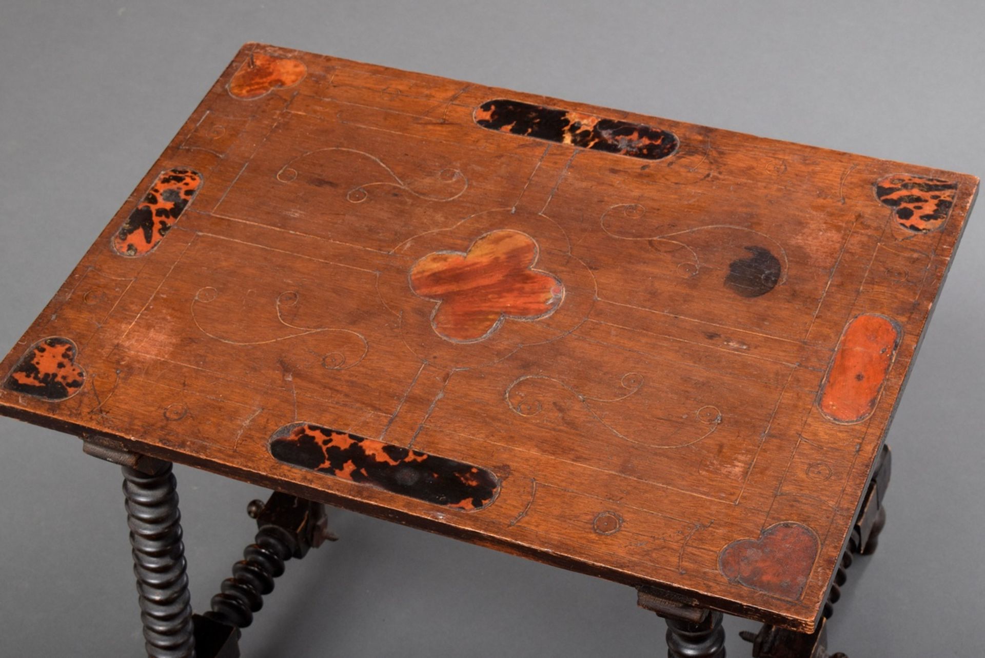 Spanish cabinet with tortoiseshell and brass inlays, walnut veneered on oak, on a table frame with  - Image 7 of 11