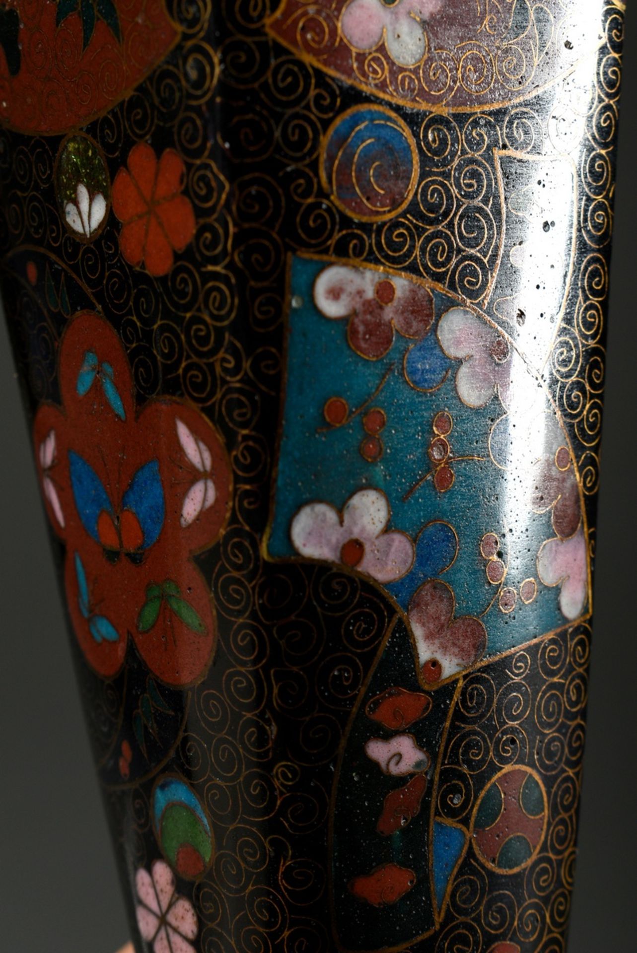 3 Various small cloisonné vases: pair with lancet-shaped cartouches "Birds and Dragons" and tall va - Image 7 of 8