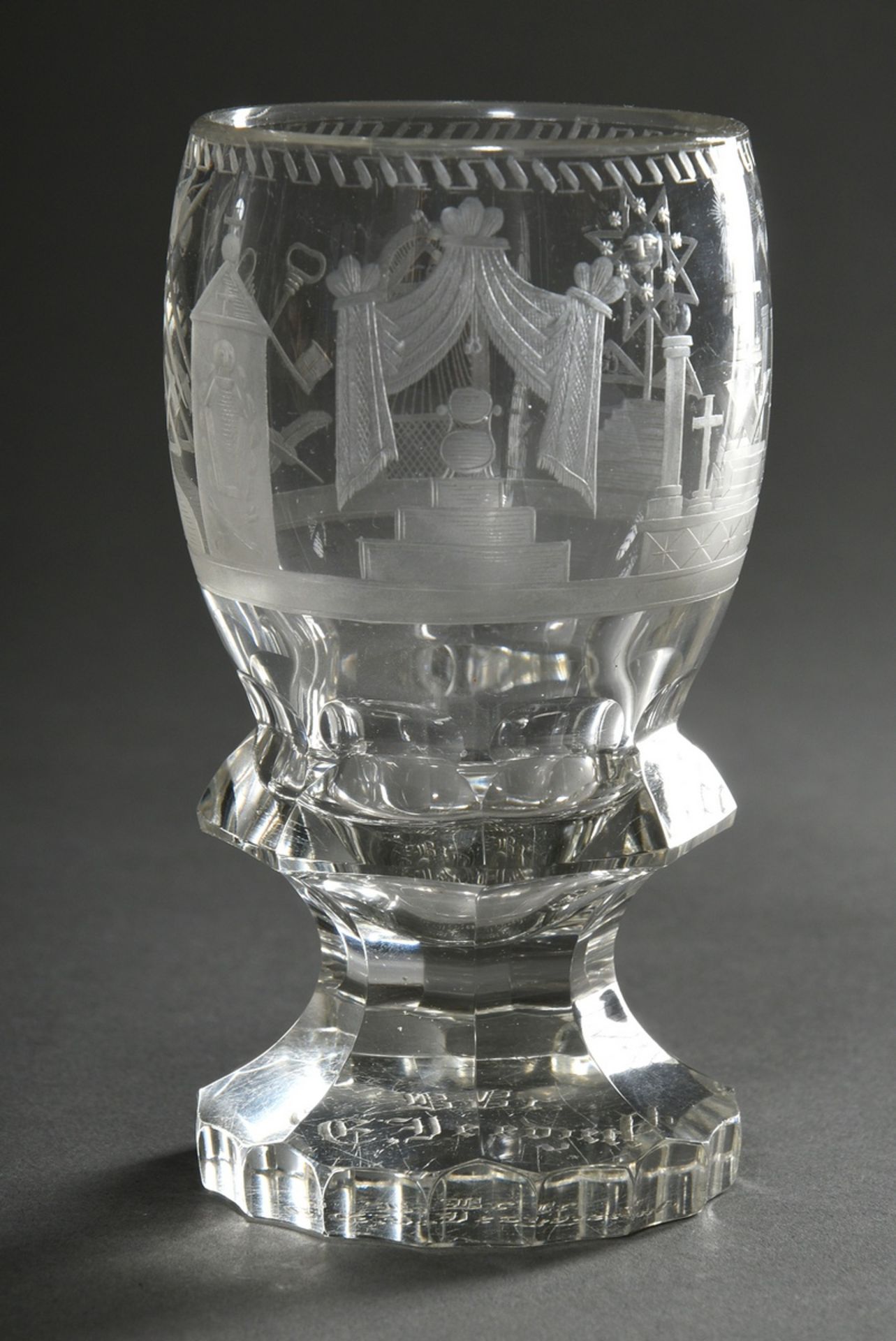 Masonic foot cup with bulbous dome and surrounding, matt-cut symbols, lower waist with 8-pass facet