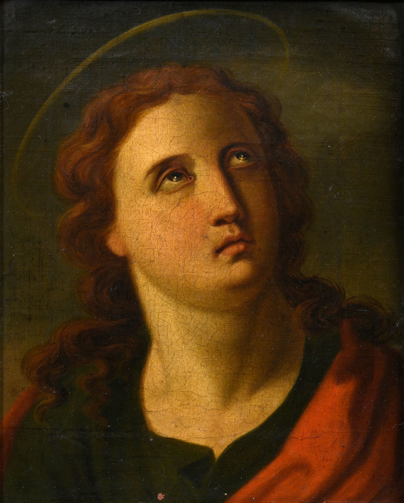 Unknown painter of the 18th c. "Evangelist", oil/canvas, verso old adhesive label "Galerie Commeter