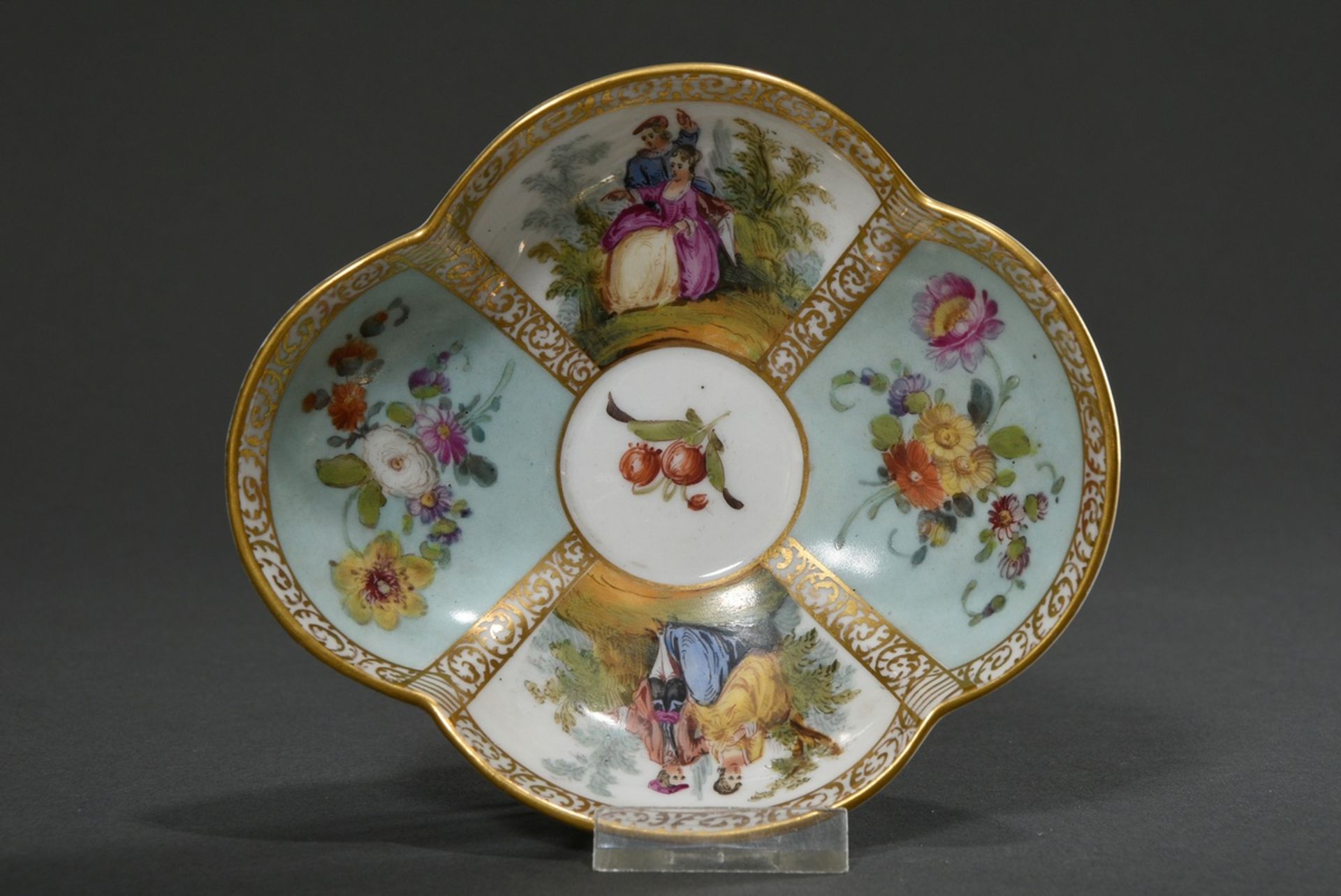 A four-piece porcelain cup/saucer with polychrome painting "Lovers" and "Blossoms" on a turquoise b - Image 3 of 8