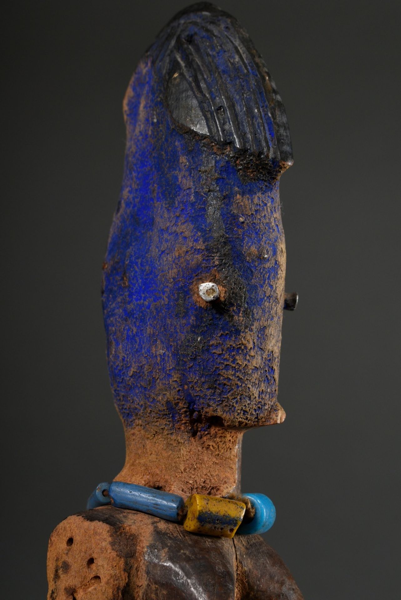 Female Yoruba Ibeji figure with beaded jewellery and blue painting and nailed eyes, Nigeria, h. 26c - Image 5 of 7