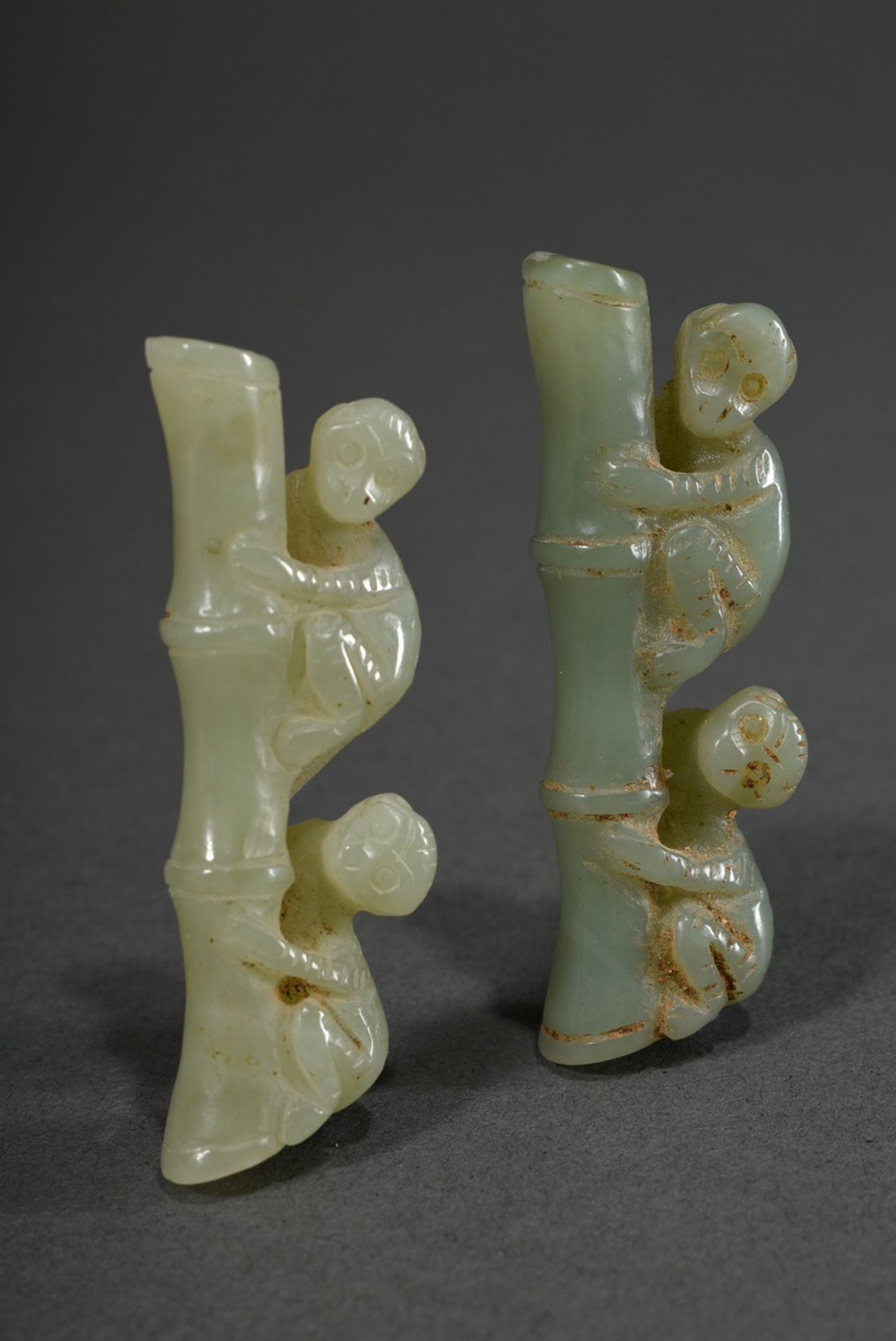 3 Various light green jade carvings: "Two monkeys on bamboo", China, l. 6cm - Image 2 of 4