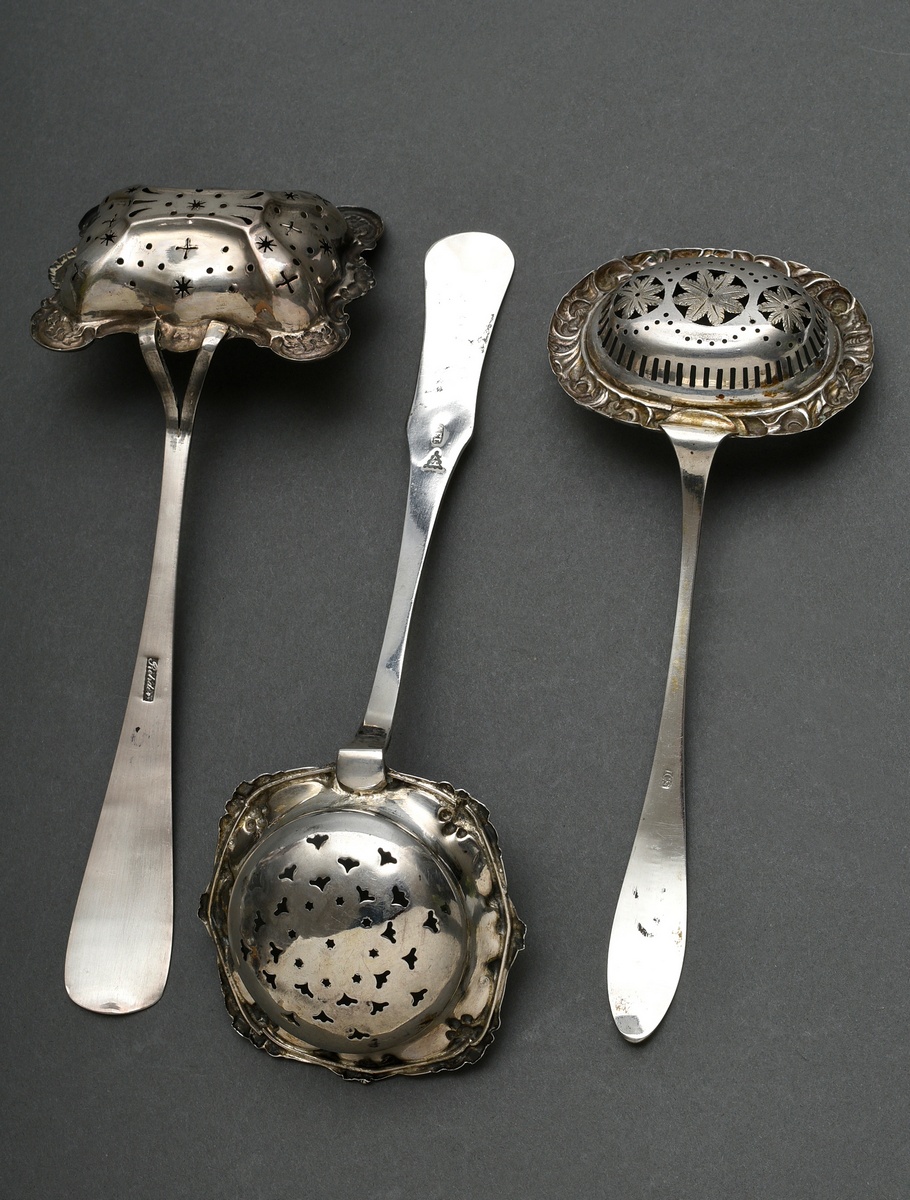 3 Various North German Biedermeier sieve ladles with different floral reliefs, 1x with engraved own - Image 3 of 5
