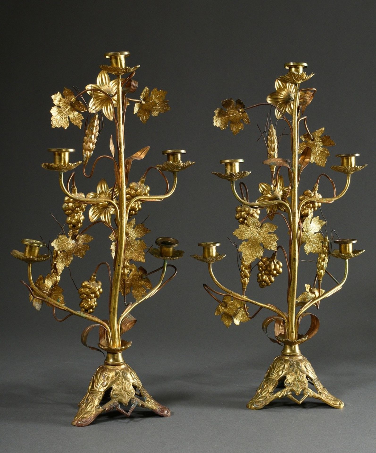 Pair of Marian or altar candlesticks with sculptural lily blossoms, grapes and ears of grain on orn - Image 4 of 6