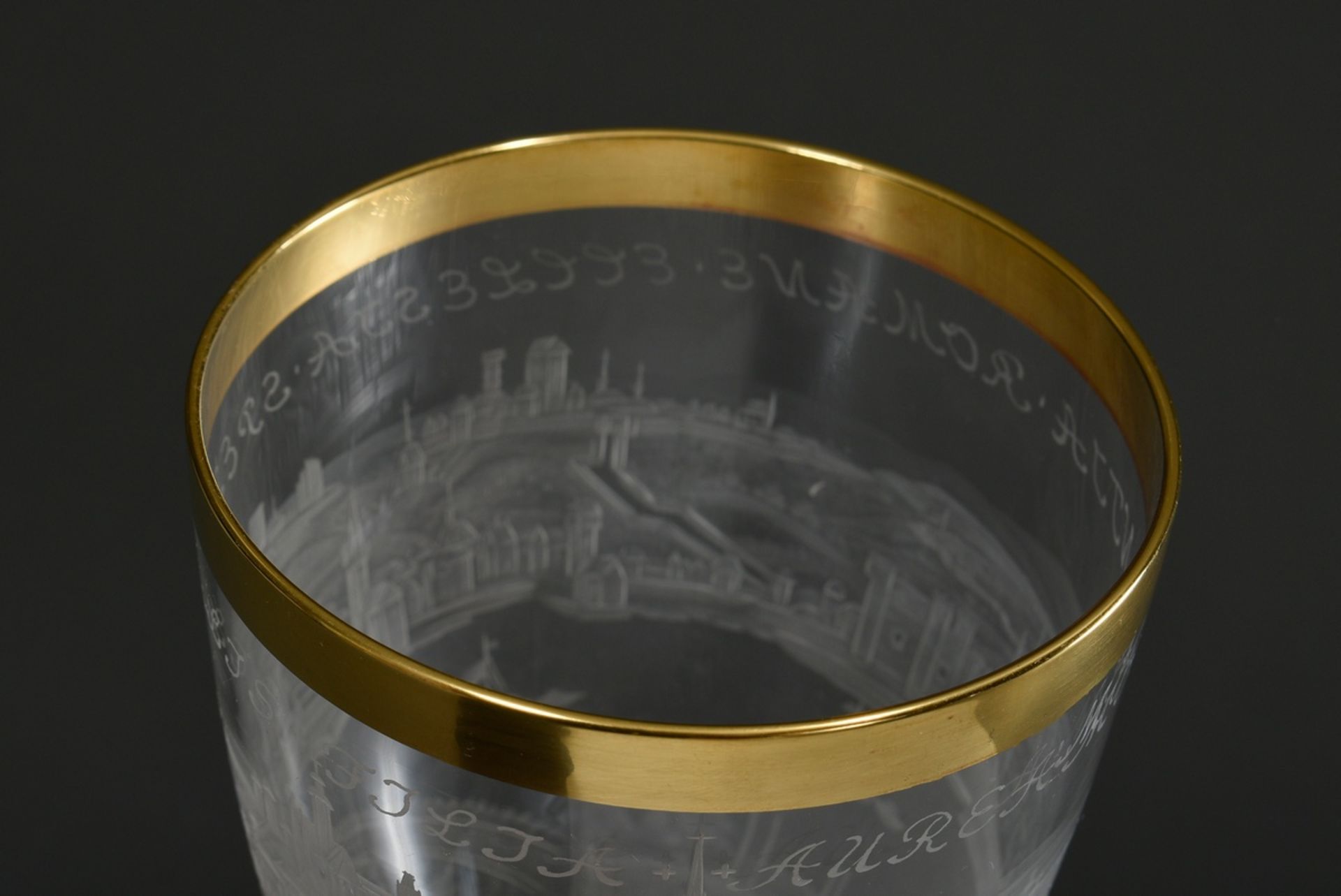 Large goblet glass with partial gilding and cut panoramic view of Mainz, circumferentially inscribe - Image 8 of 8