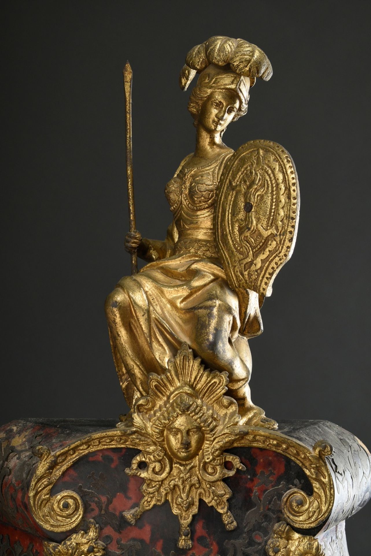 Large Boulle state pendulum with fire-gilded bronzes on wall console in Louis XVI style, red-brown - Image 3 of 17