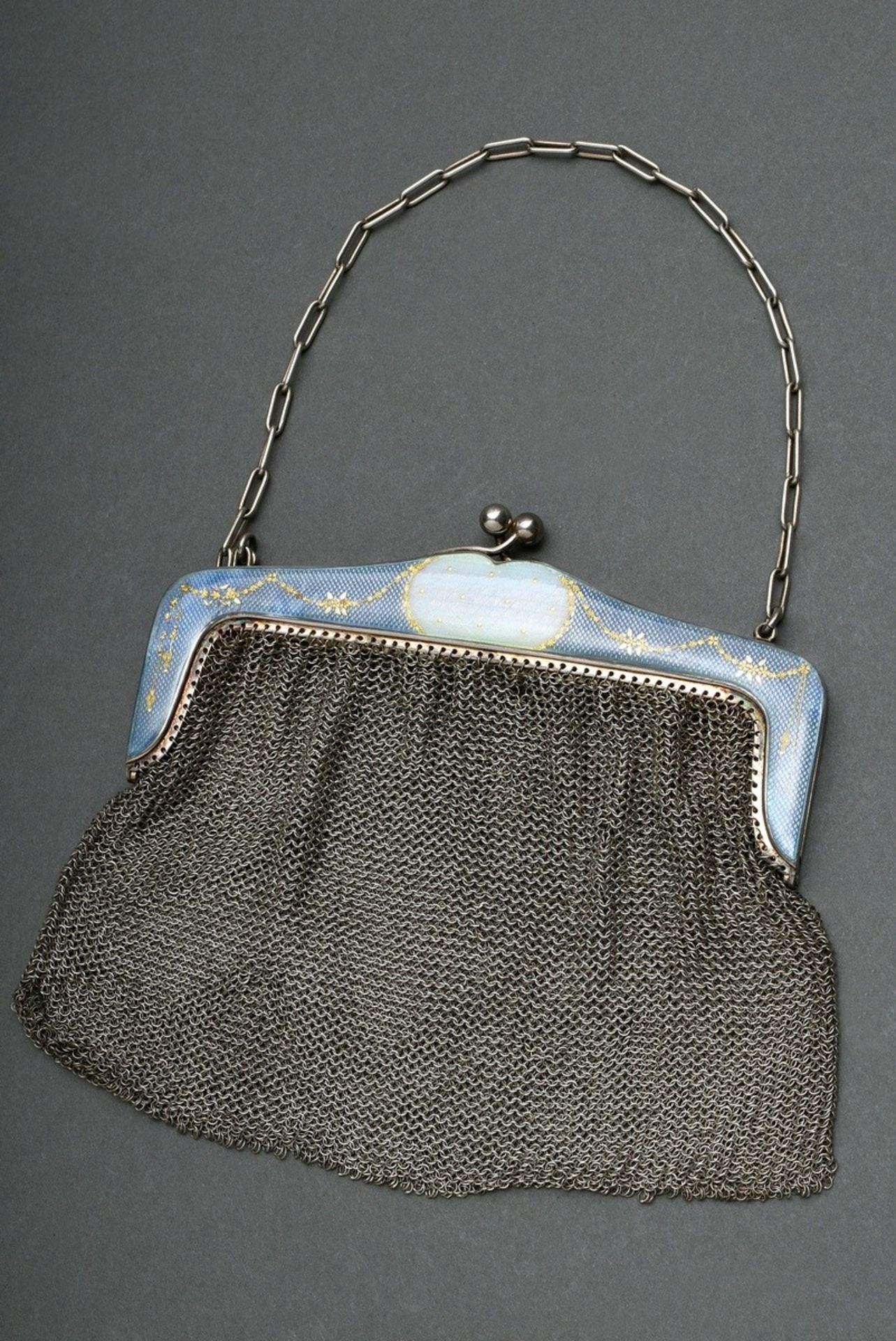 Evening bag with braided silver wire and light blue guilloché enamel handle with gold garlands, ind