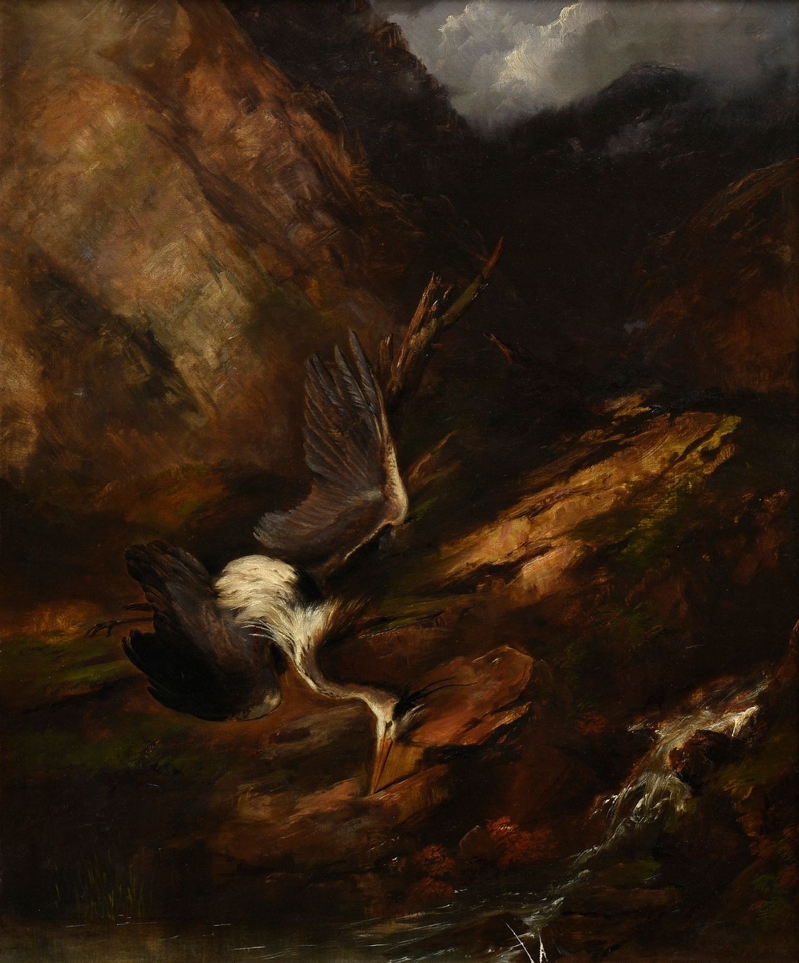 Train, Edward (1801-1866) "Dead Grey Heron in Mountain Landscape" 1855, oil/canvas mounted, b.l. si
