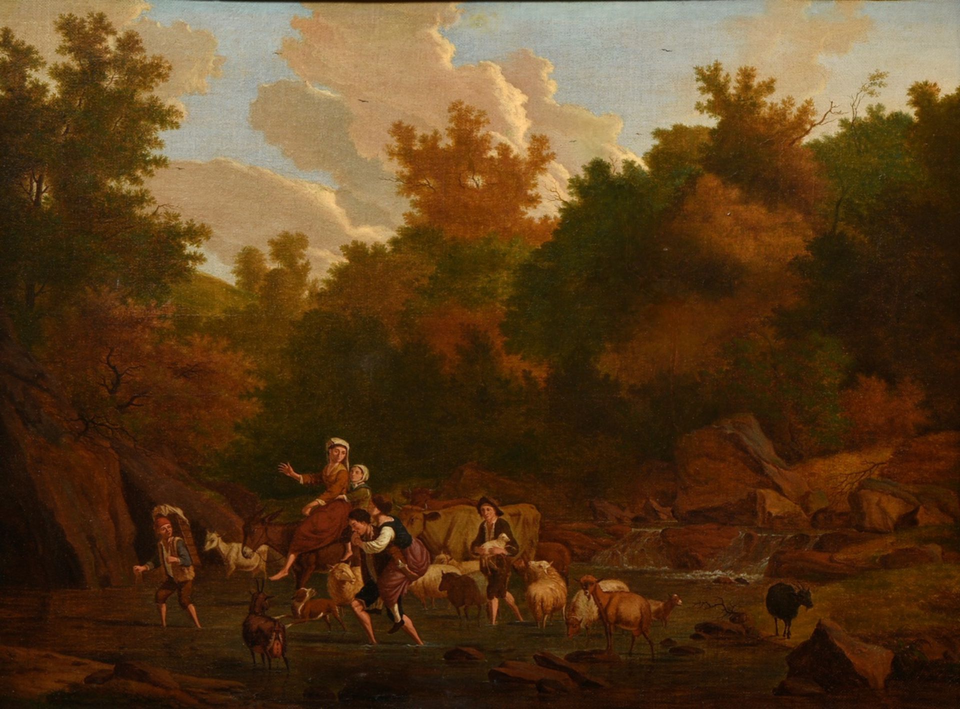 Unbekannter Maler des 17./18.Jh. "Hirten und Tiere an der Furt", Öl/Leinwand, 53x70,5cm (m.R. 69x85