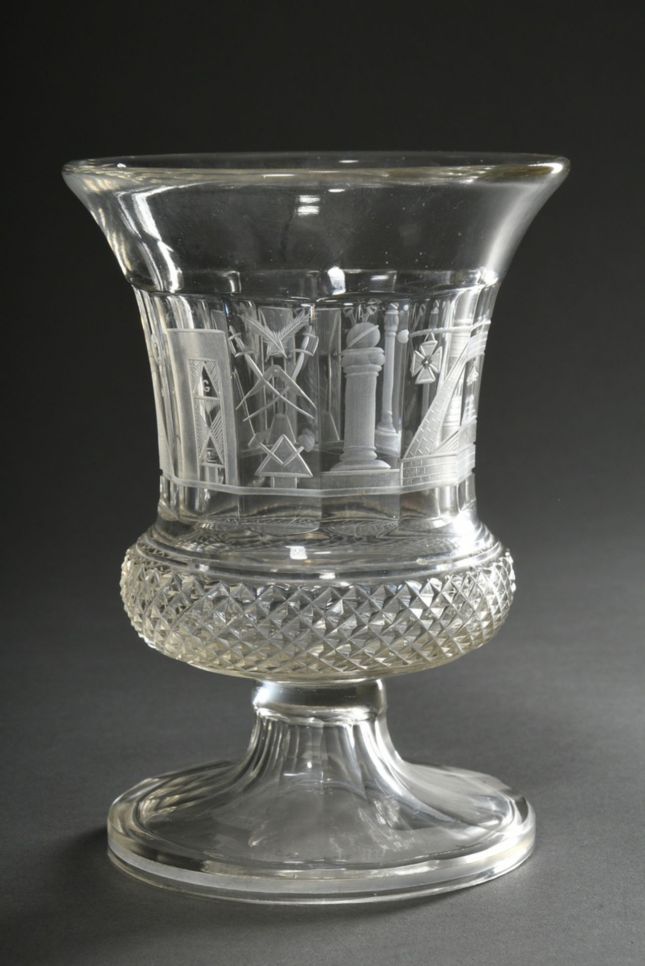Large Masonic goblet with projecting dome and rich symbolism in matt and blank cut, lower part of d - Image 4 of 6