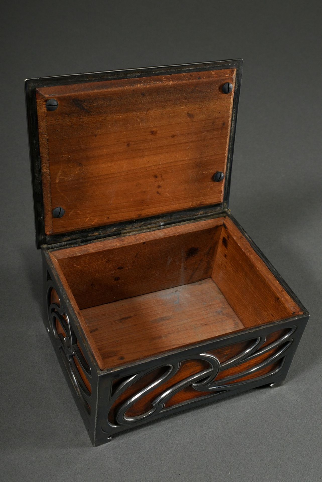 Art nouveau box with silver plated "whiplash" ornament over wooden corpus, around 1900, 6,5x12,5x9, - Image 3 of 5