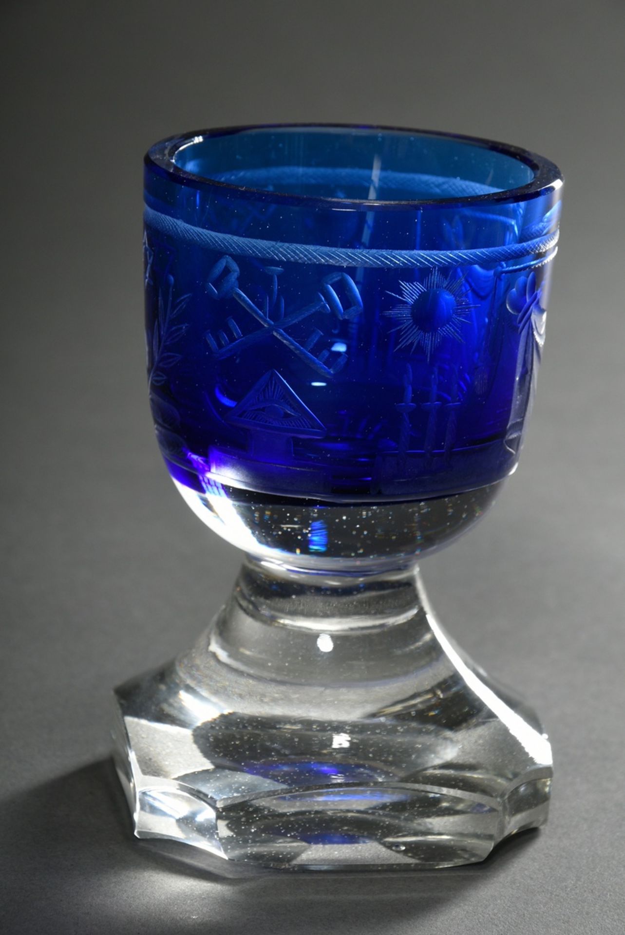 Thick-walled Masonic foot cup with cobalt blue etched dome, deeply cut symbols and constricted neck - Image 3 of 6