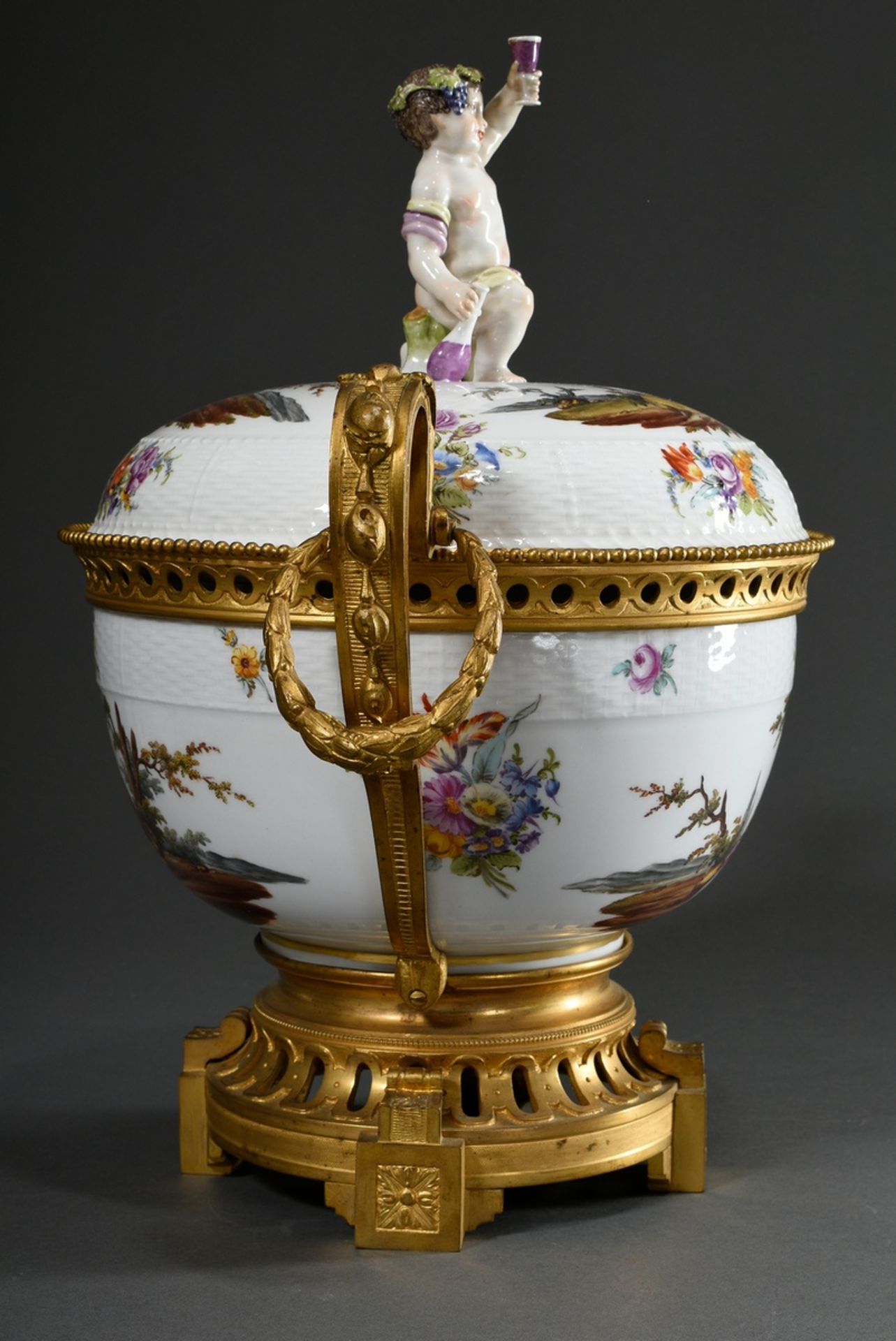 Large KPM lidded tureen of spherical form with figural knob "Bacchus boy with raised glass", the wa - Image 6 of 13