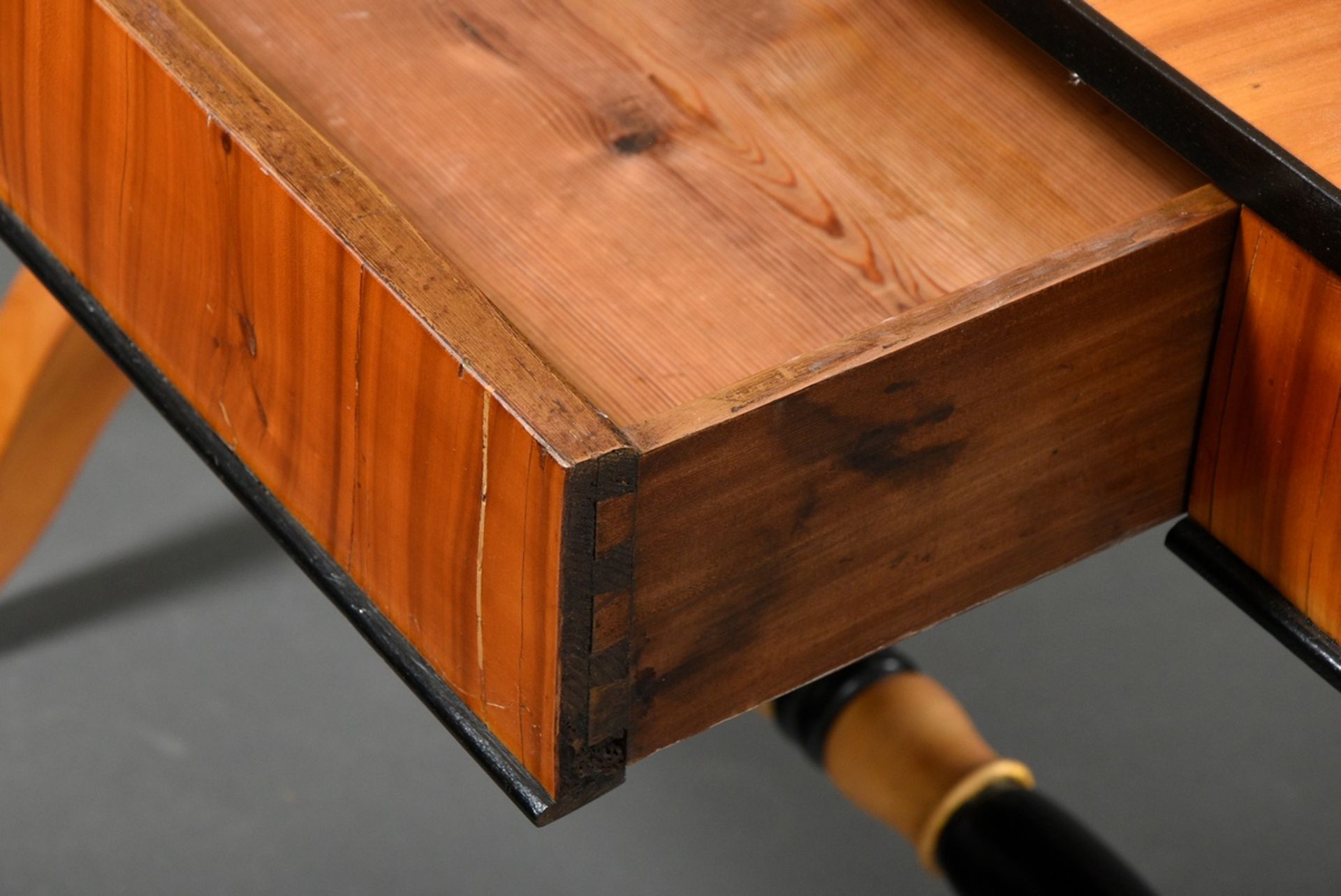 Biedermeier console table with hidden drawer in the frame on lateral columnar legs with bar connect - Image 4 of 5