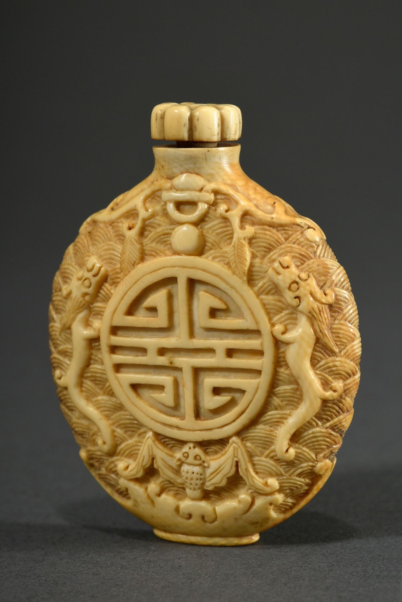 Ivory snuffbottle relief carving on both sides "lucky sign Lu, pair of rain dragons, bat in front o - Image 2 of 5