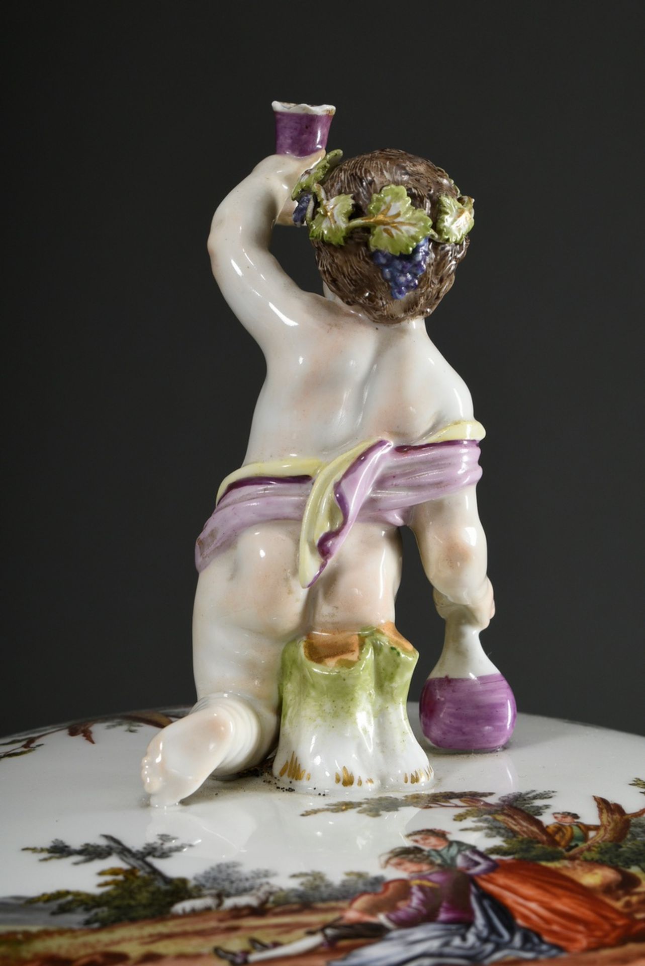 Large KPM lidded tureen of spherical form with figural knob "Bacchus boy with raised glass", the wa - Image 7 of 13
