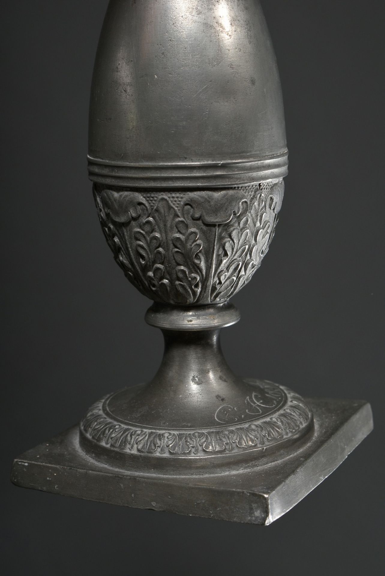 3 Various Saxon pewter candlesticks in Empire form on angular bases with baluster stems and palmett - Image 4 of 10