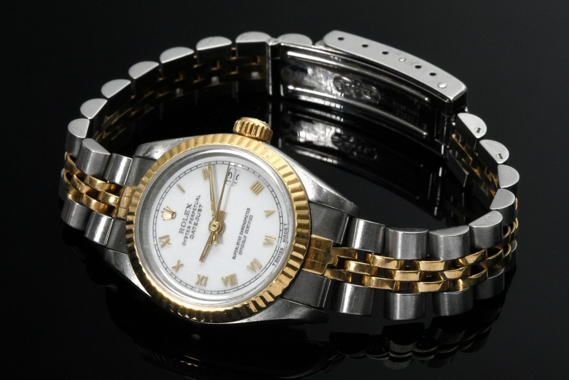 Stainless steel/yellow gold 750 Rolex "Oyster Perpetual Lady-Datejust", automatic movement, white d