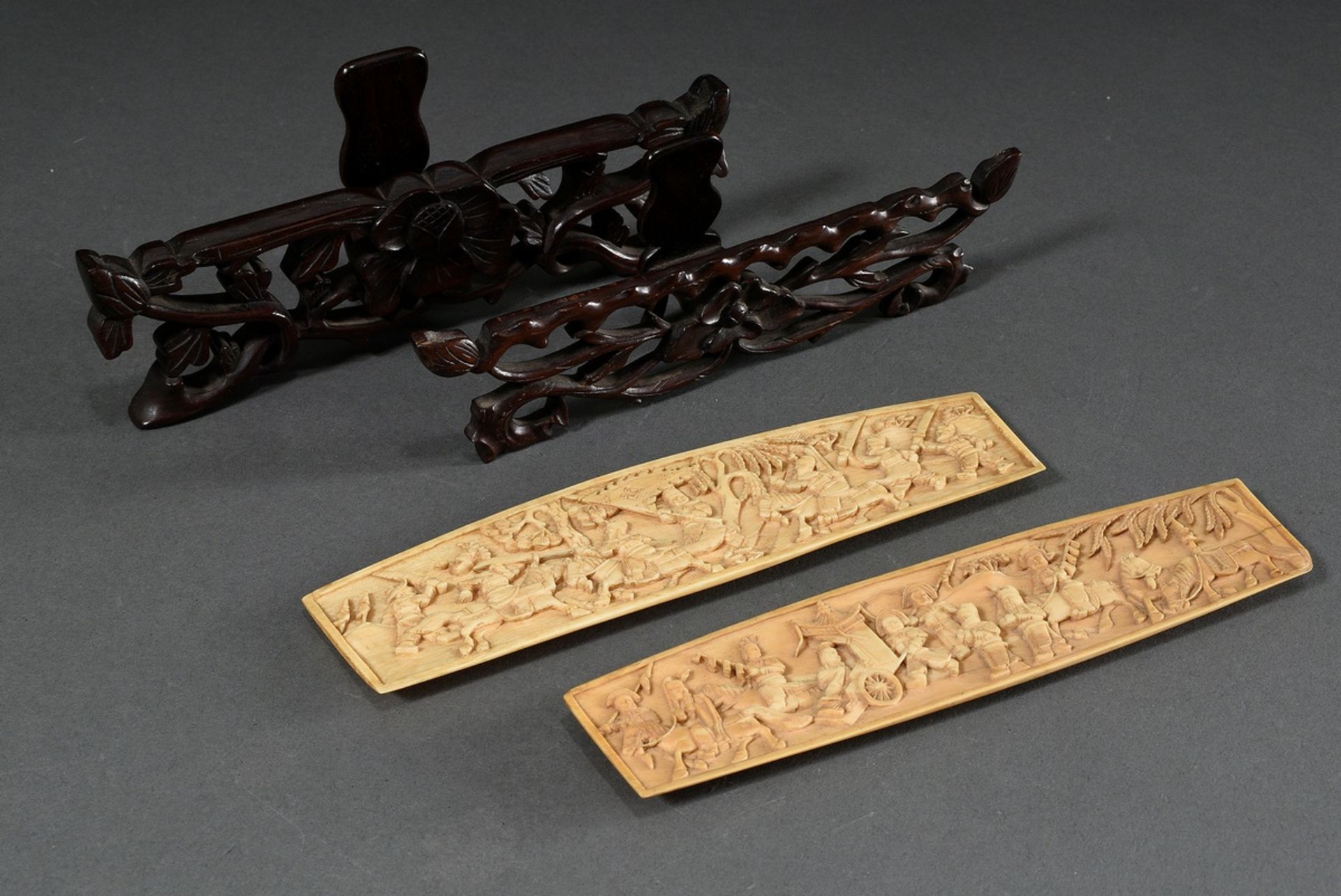 2 Various ivory relief carvings "Battle scene and "Prince's procession in Ming style", carved bases - Image 9 of 13