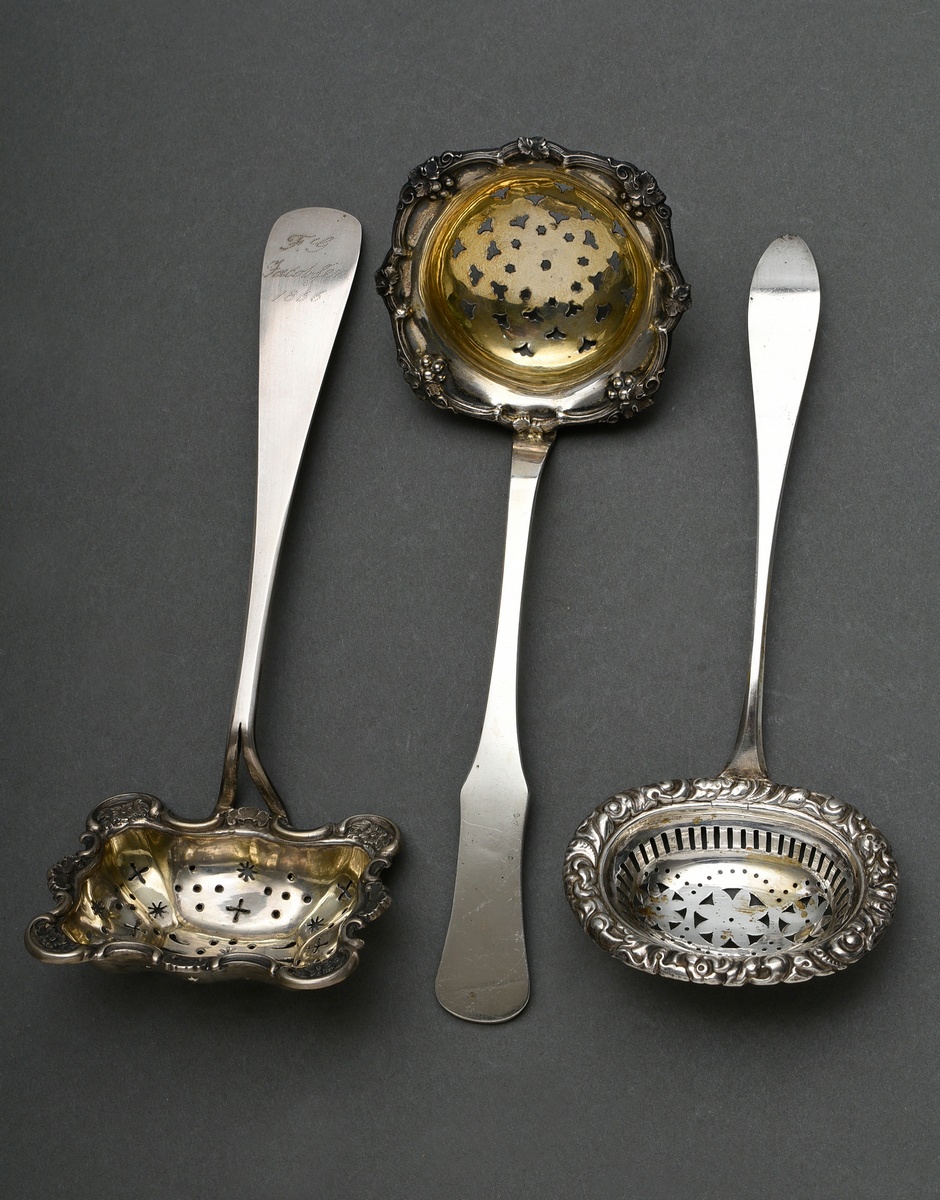 3 Various North German Biedermeier sieve ladles with different floral reliefs, 1x with engraved own