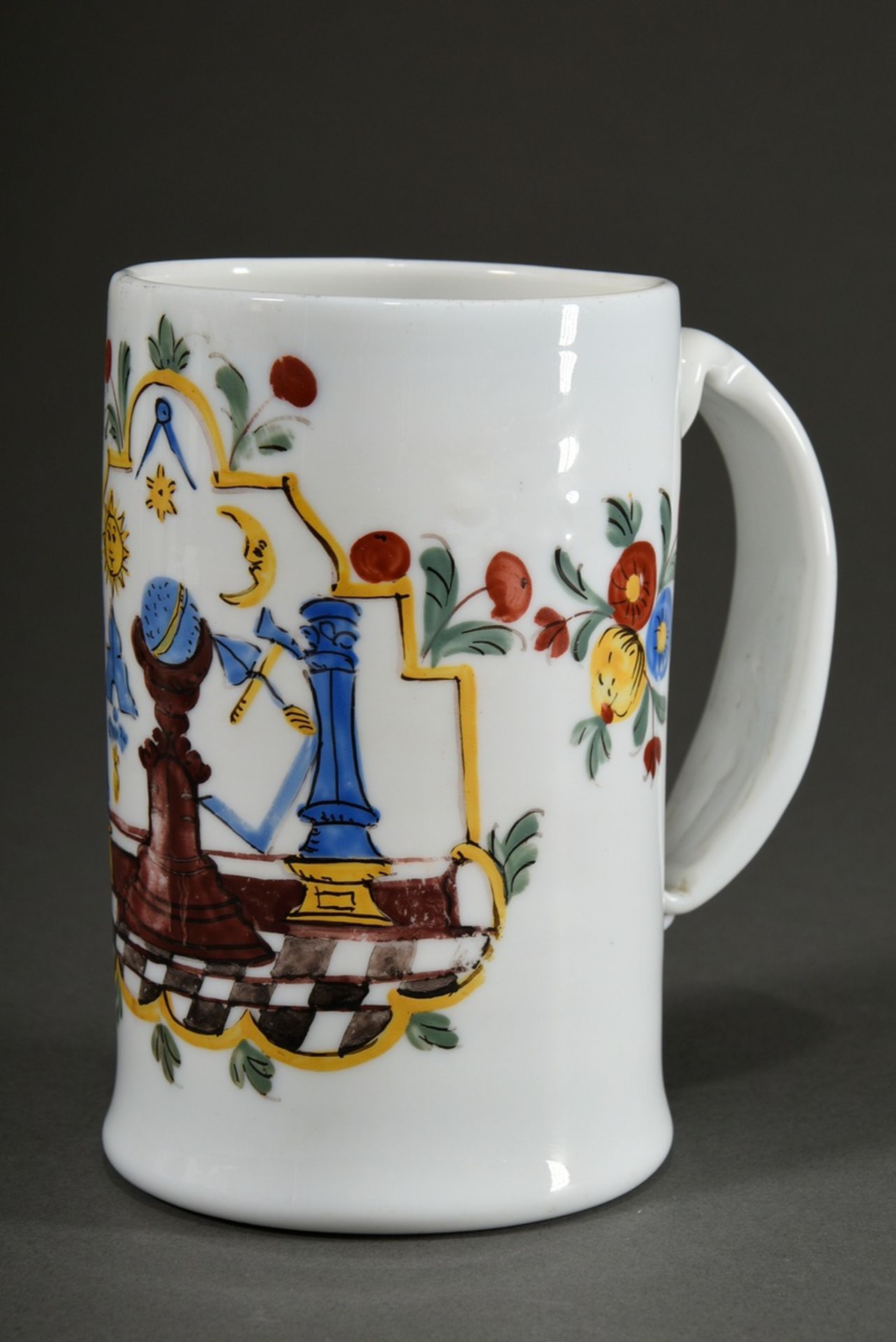 Masonic milk glass roller jug with coloured enamel painting in florally decorated cartouche, band h - Image 2 of 6