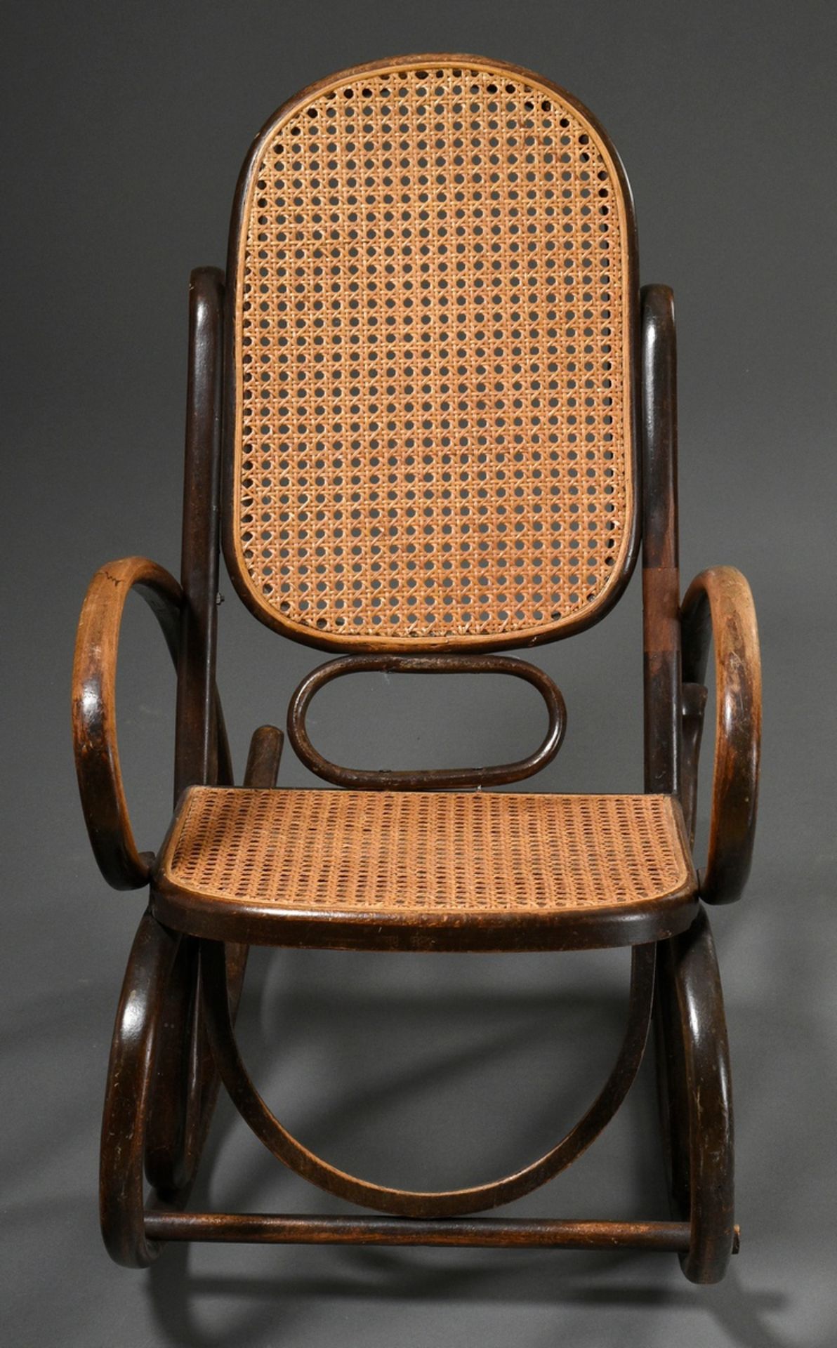 Art nouveau children's rocking chair in Thonet style, dark stained bentwood with wickerwork, h. 71, - Image 2 of 5